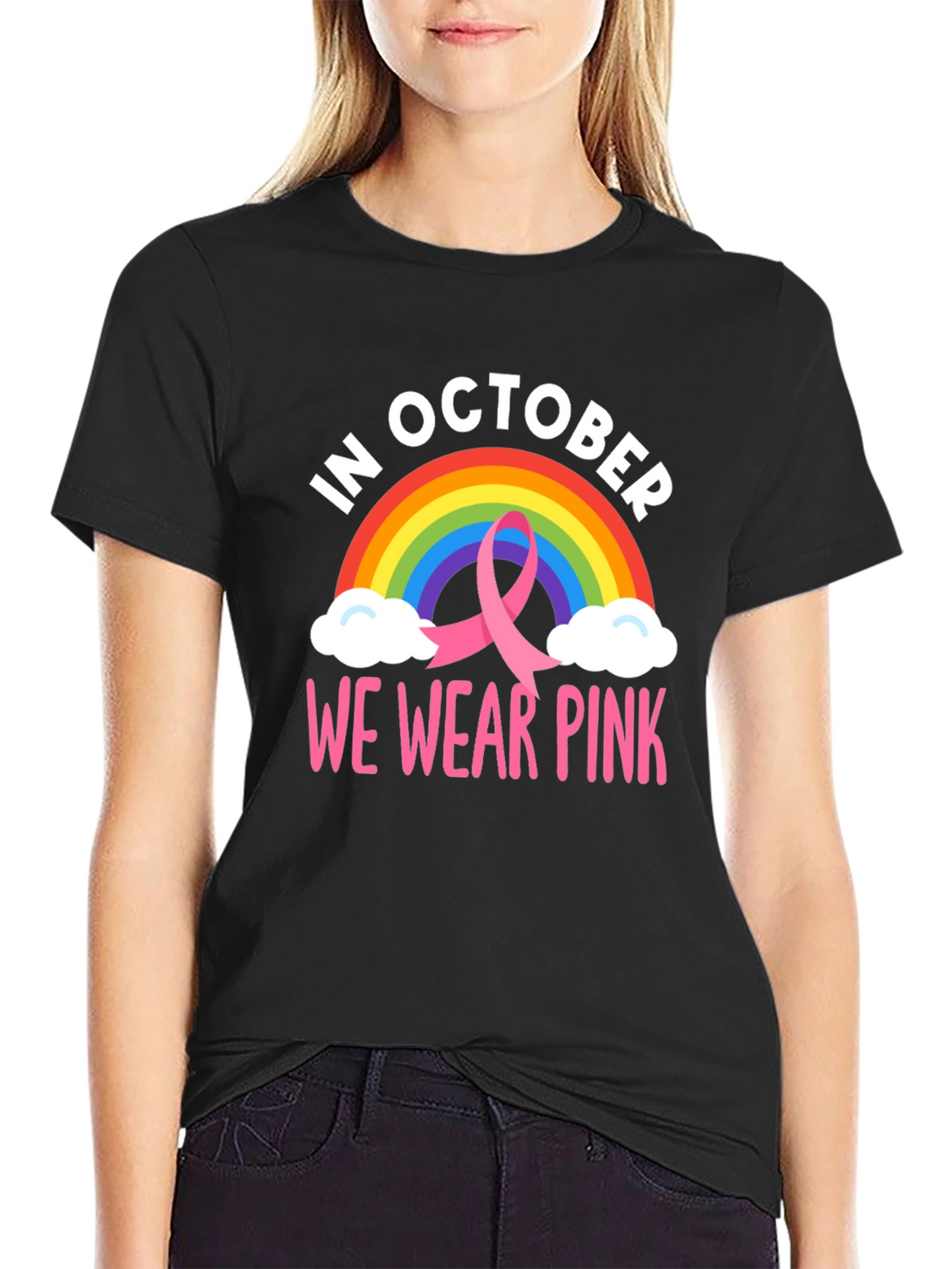 October We Wear Pink Breast Cancer Rainbow T-Shirt