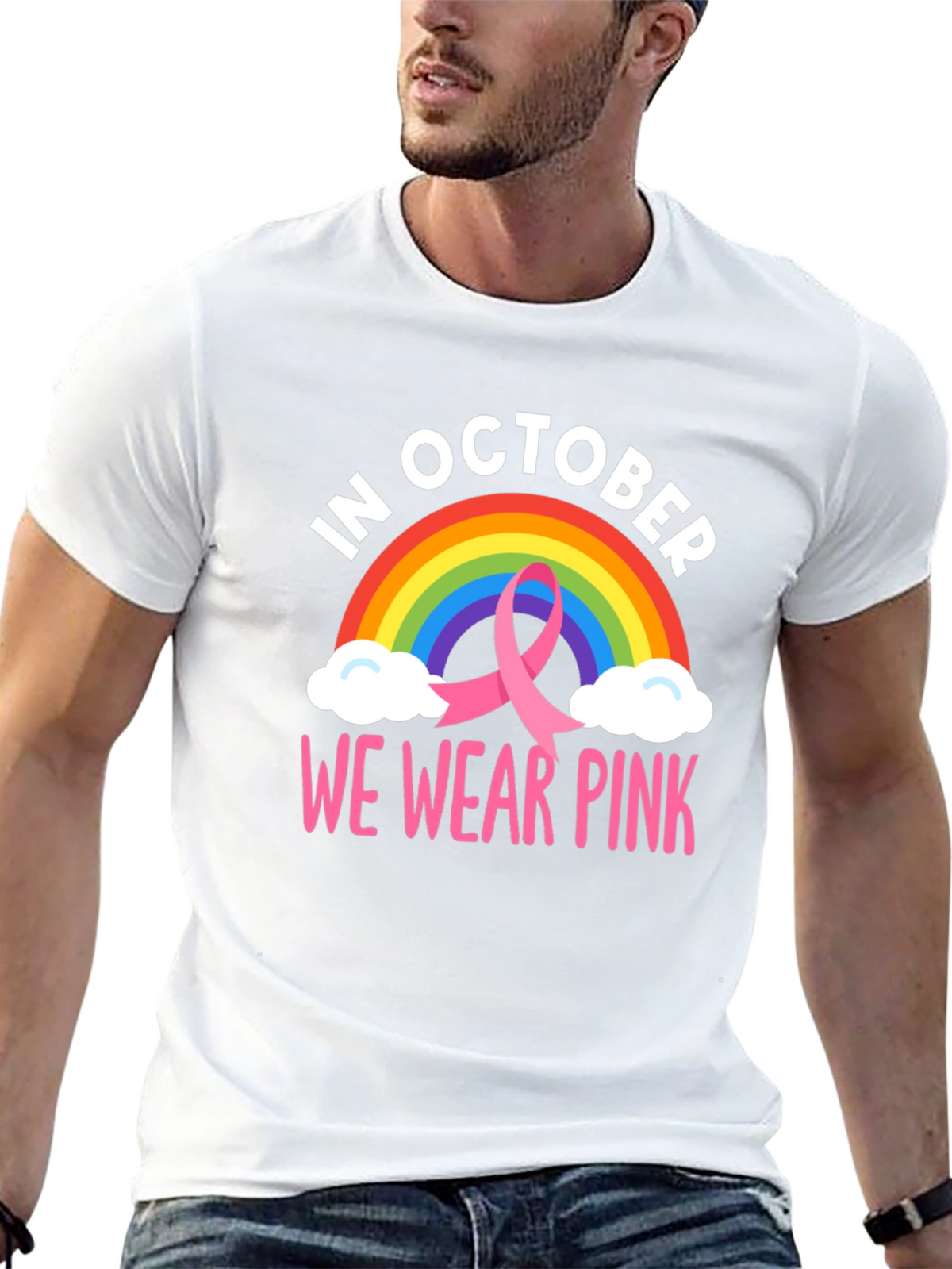 October We Wear Pink Breast Cancer Rainbow T-Shirt