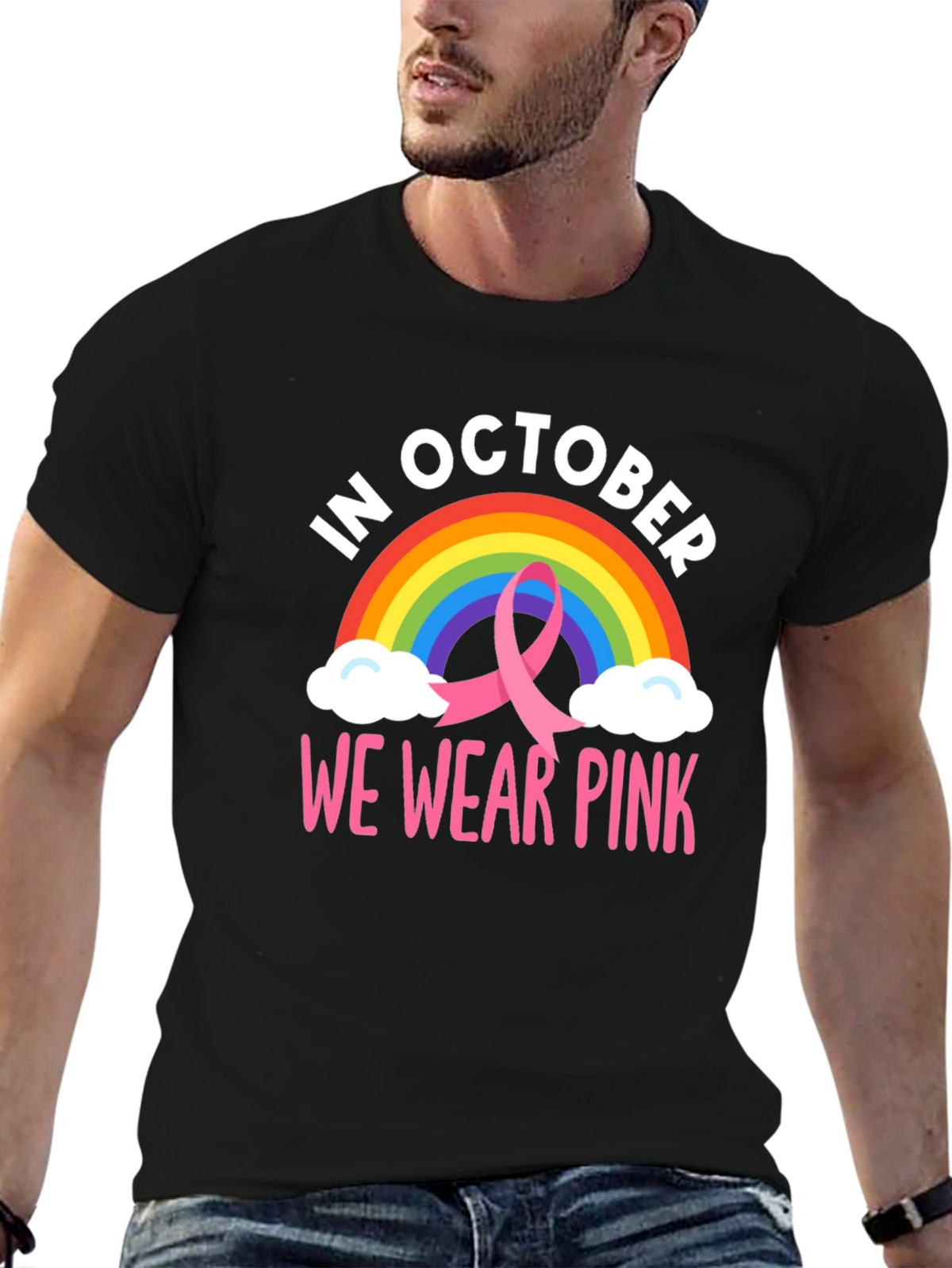 October We Wear Pink Breast Cancer Rainbow T-Shirt