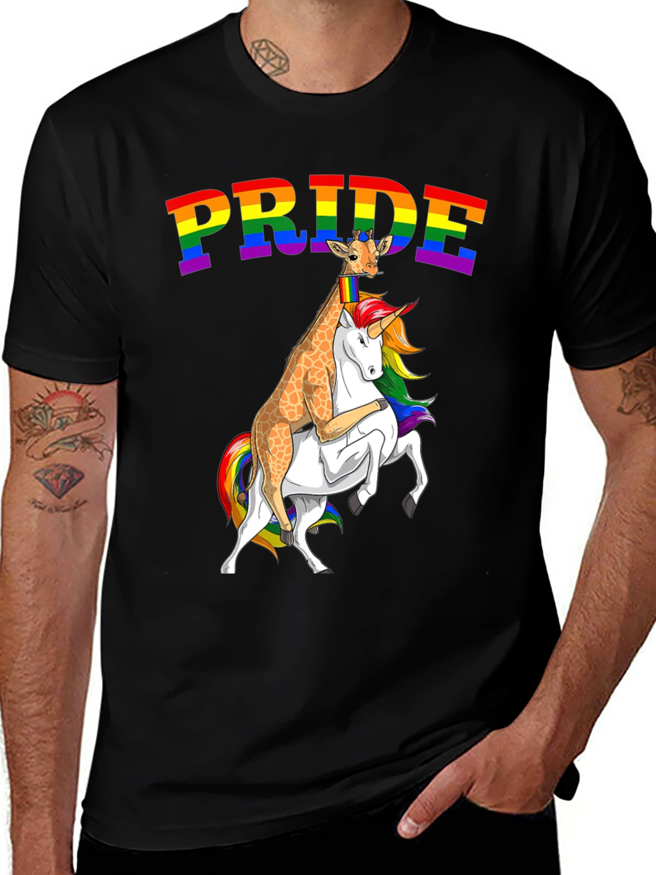 Pride Giraffe Riding Unicorn Tee