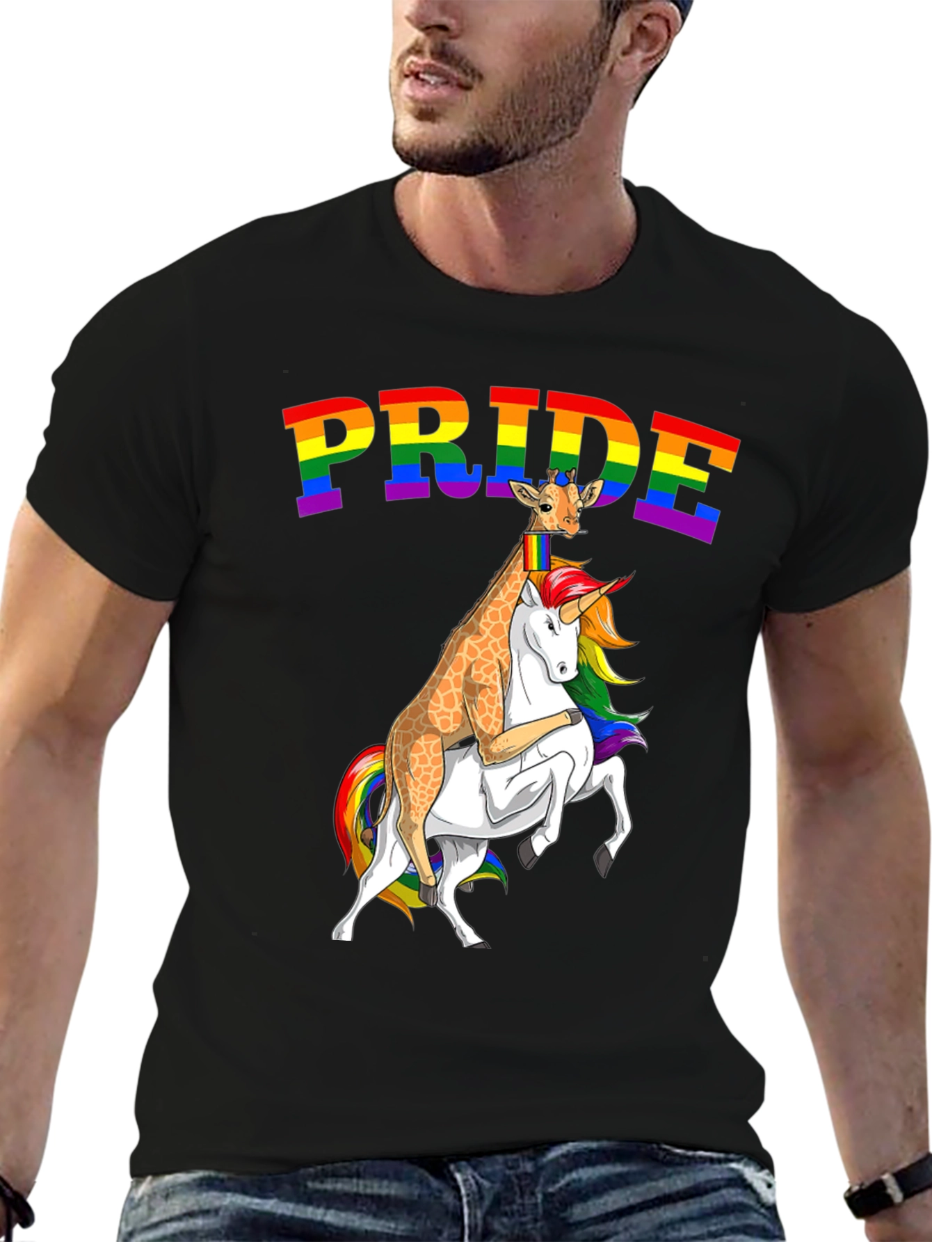 Pride Giraffe Riding Unicorn Tee