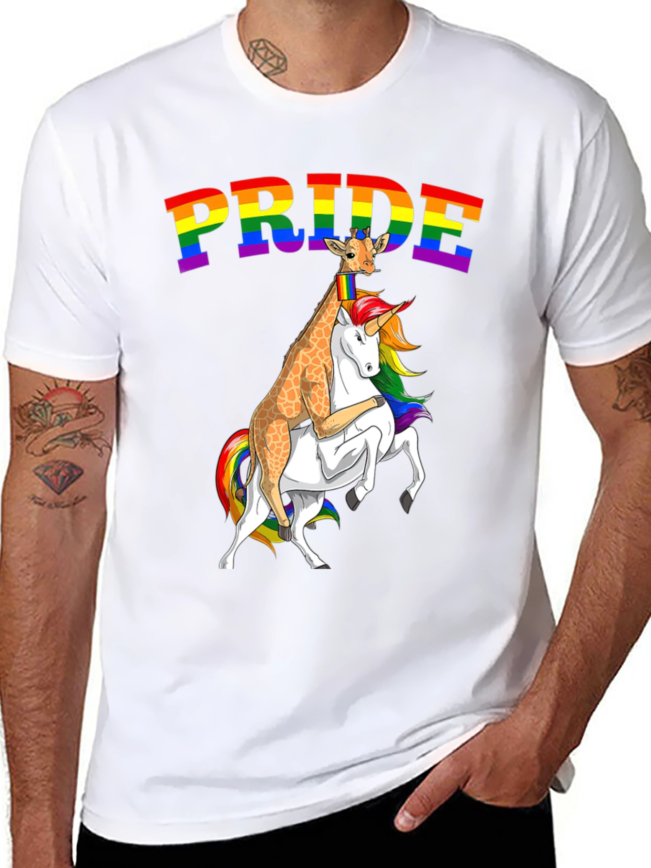 Pride Giraffe Riding Unicorn Tee