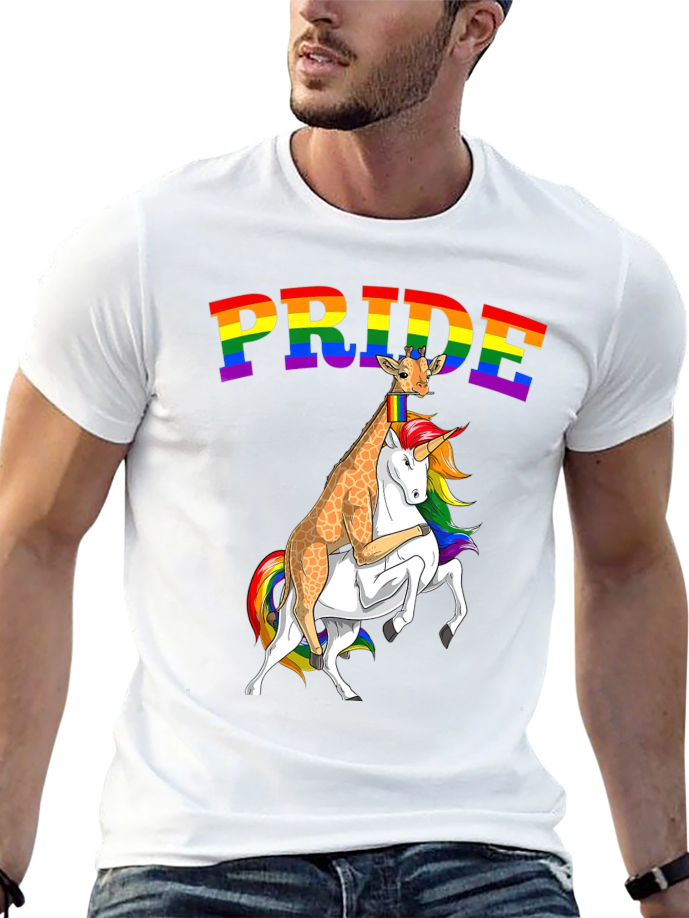 Pride Giraffe Riding Unicorn Tee