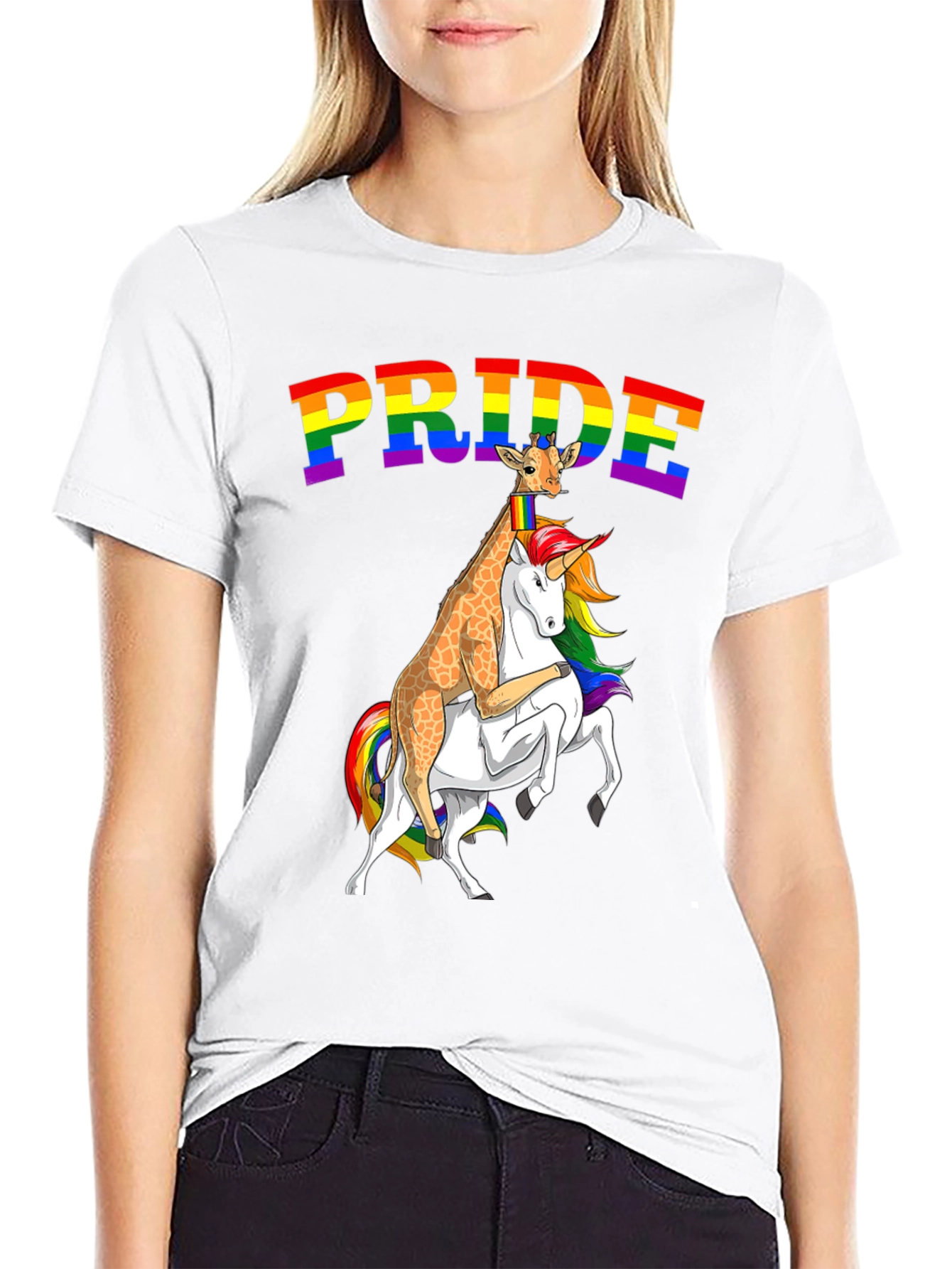 Pride Giraffe Riding Unicorn Tee