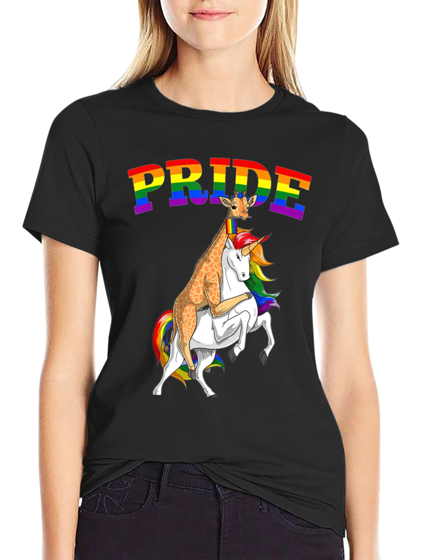 Pride Giraffe Riding Unicorn Tee