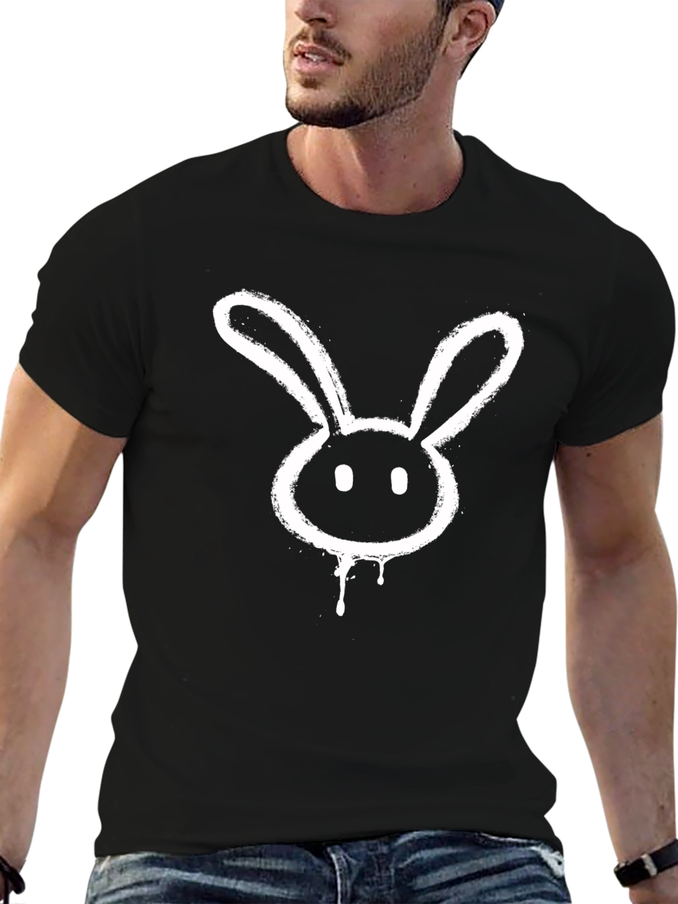 Black T-Shirt with Distressed Bunny Graphic