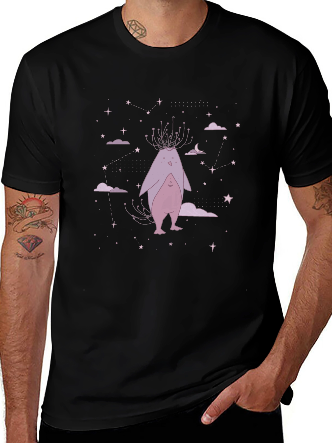Whimsical Creature Graphic Tee - Black Cotton