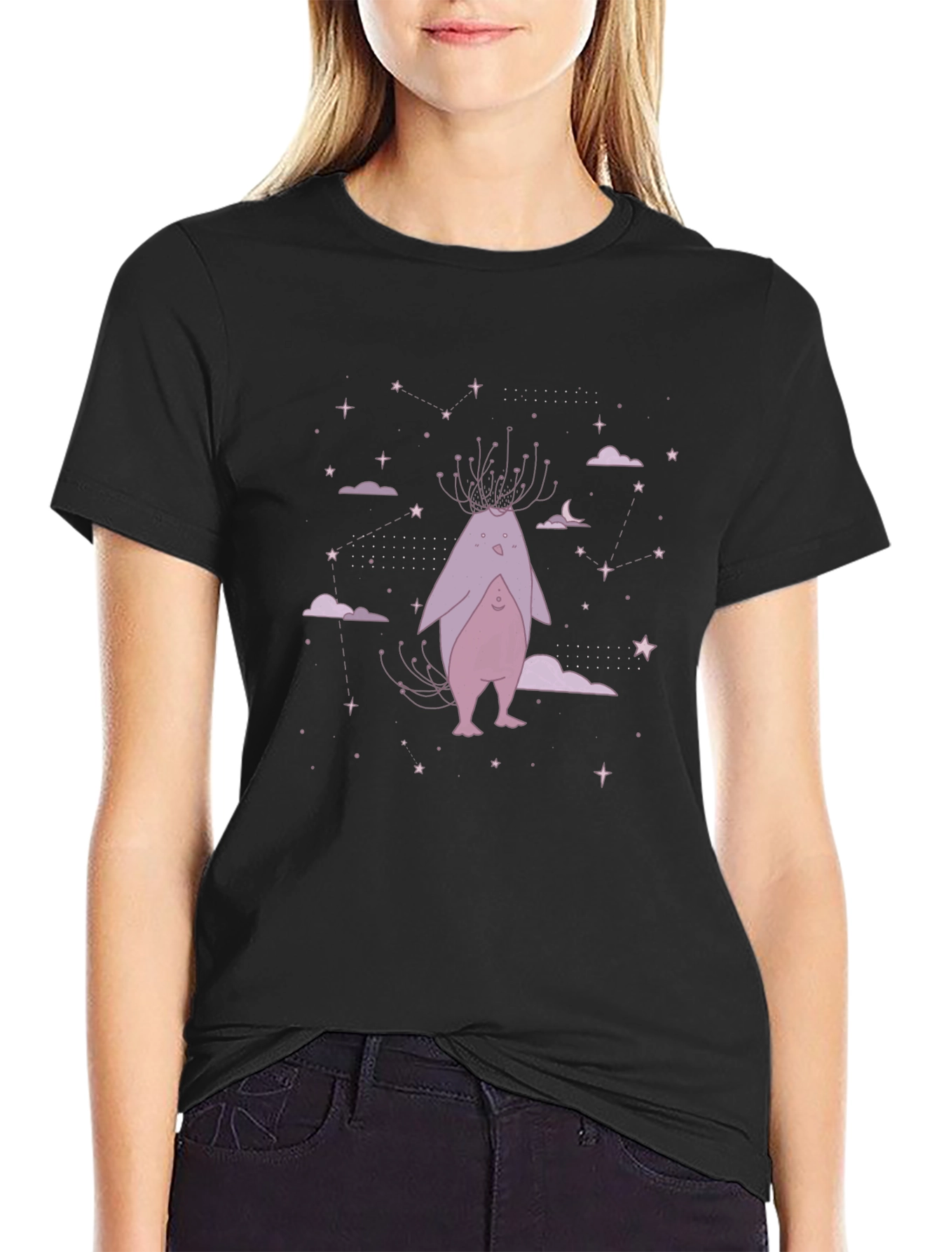 Whimsical Creature Graphic Tee - Black Cotton
