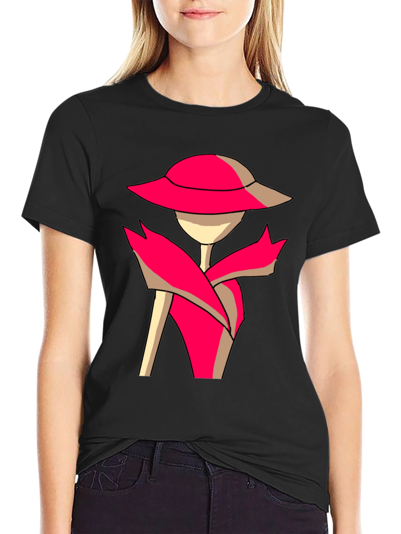 Stylish Cartoon Lady Graphic Tee - Black