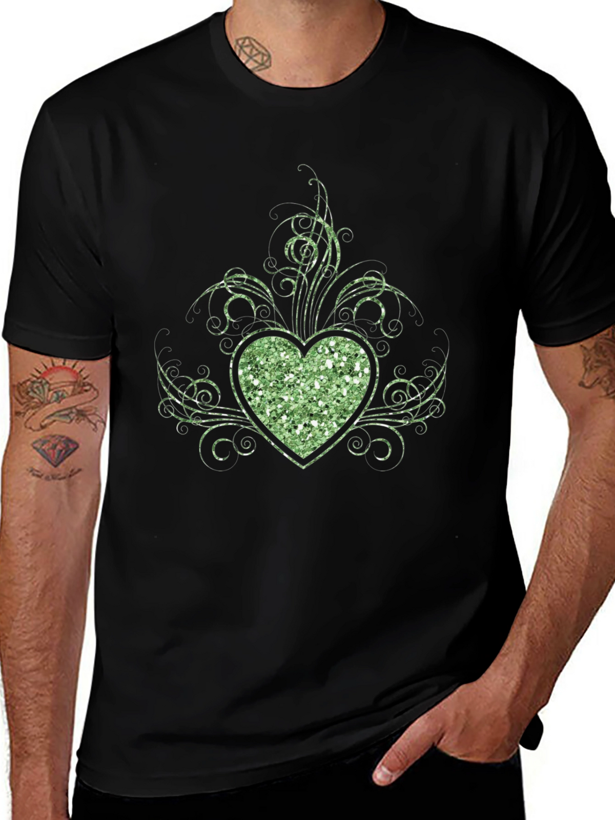 Glitter Heart Graphic Black T-Shirt