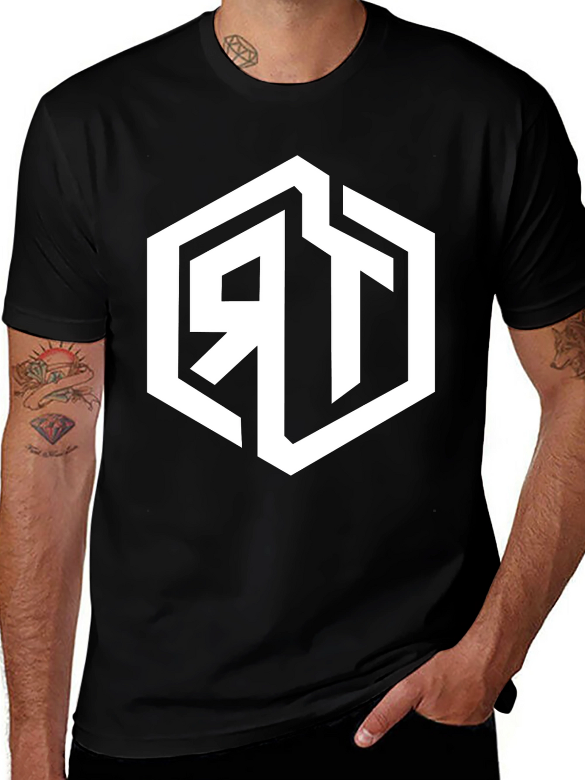 Mens Black Graphic Tee with Geometric RT Logo