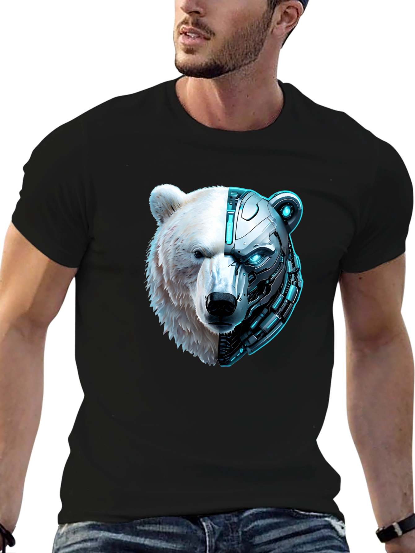Cyber Bear Graphic Tee - Black Cotton T-Shirt