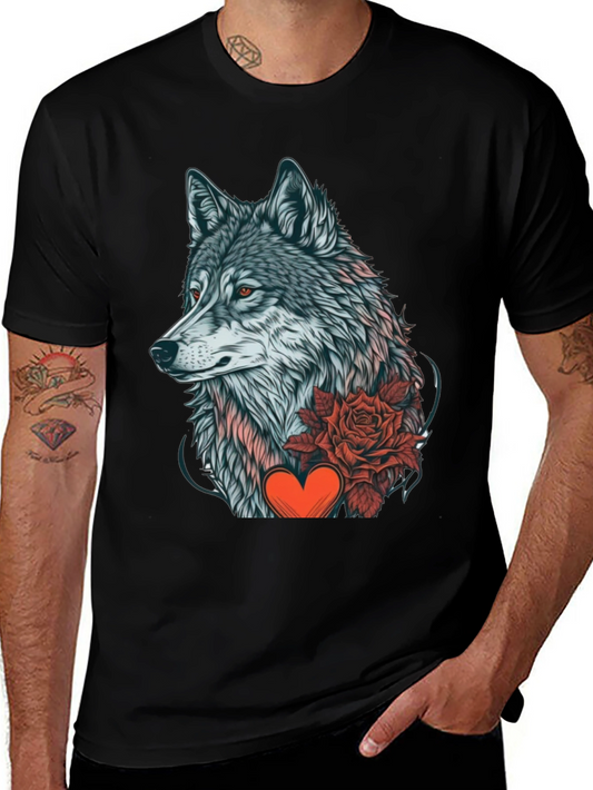 Wolf Heart Rose Graphic T-Shirt - Stylish Animal Lover Tee