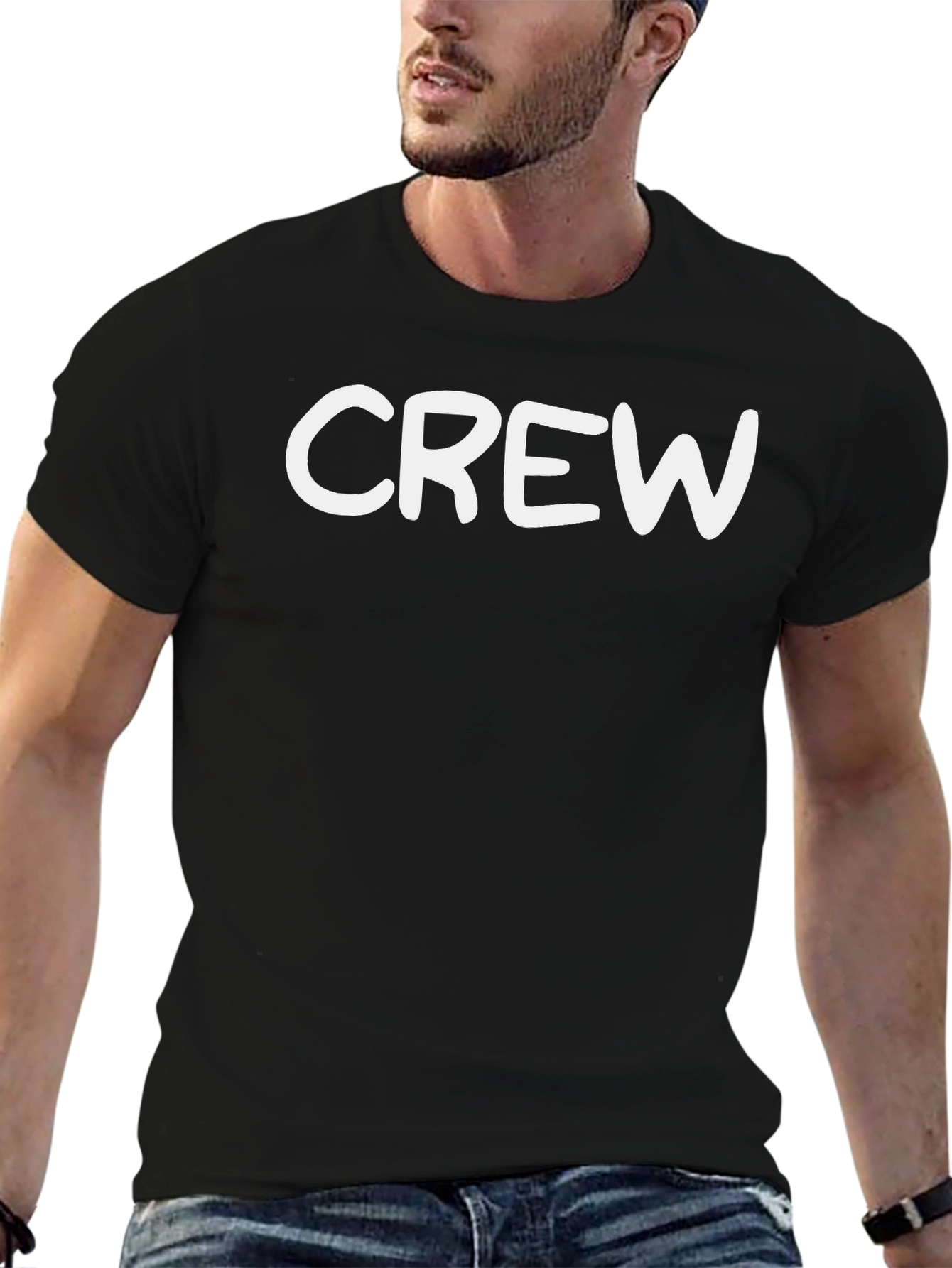 Crew Neck Black T-Shirt - Bold White Graphic