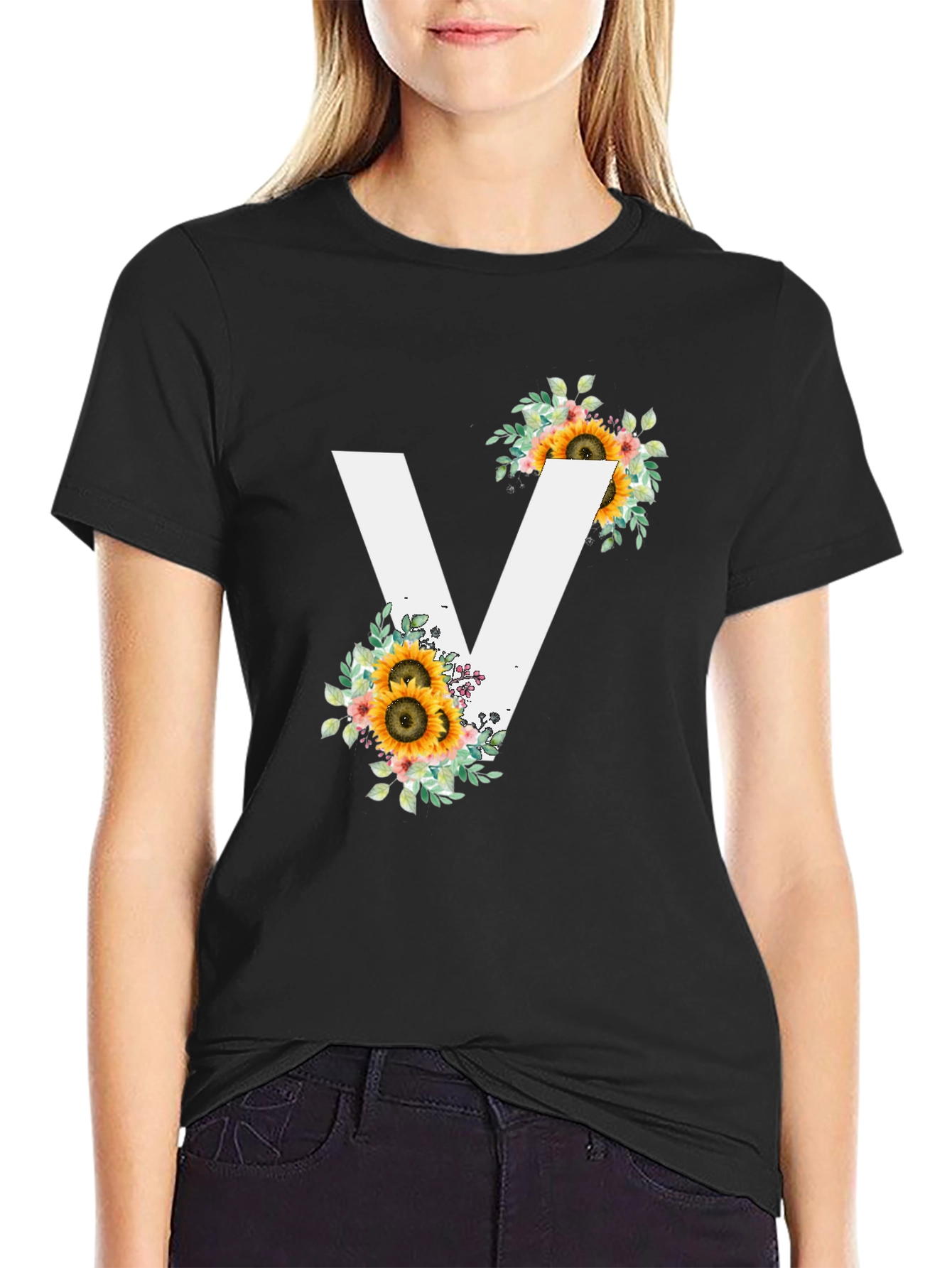 Sunflower Initial V Black T-Shirt