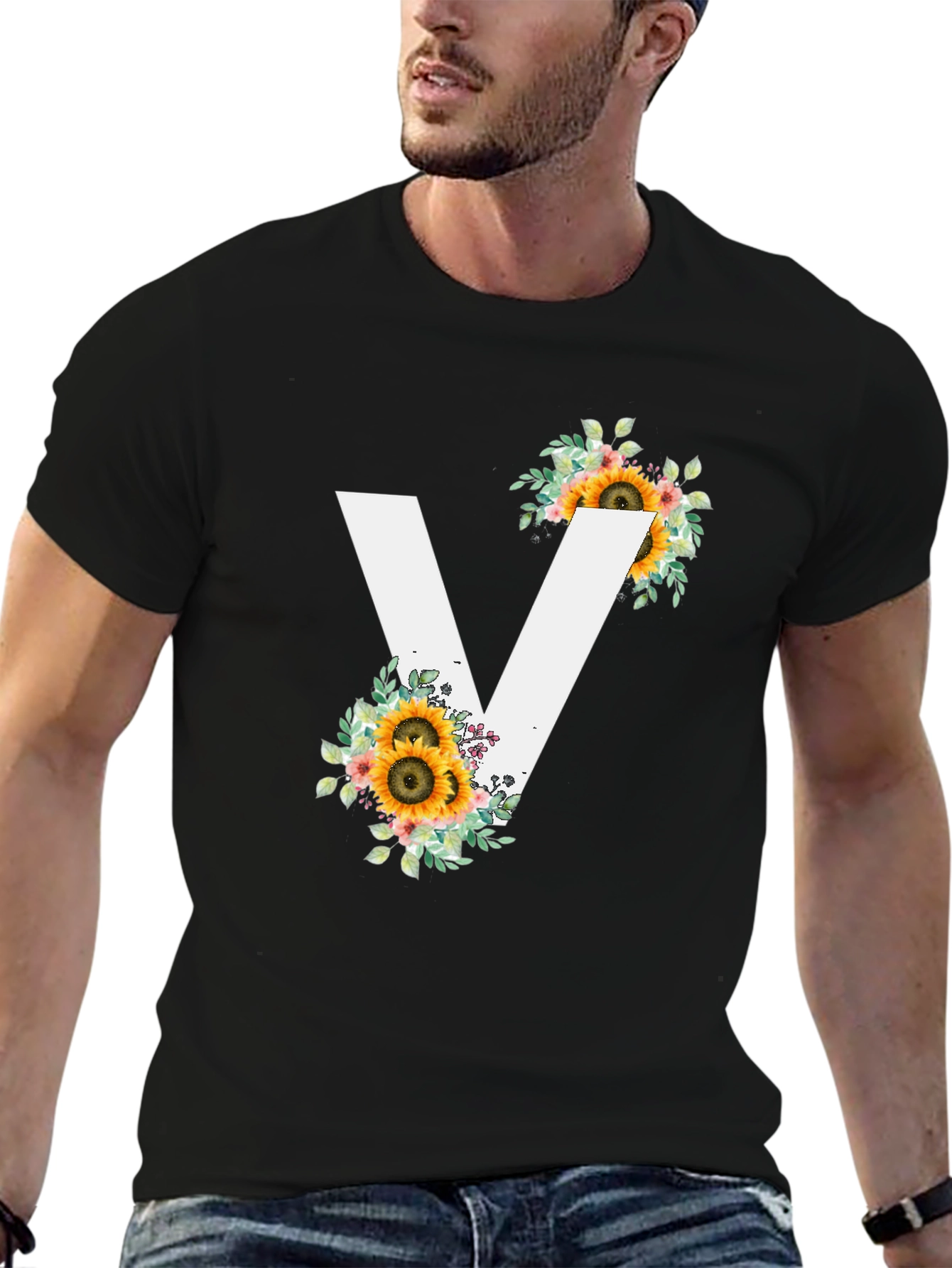 Sunflower Initial V Black T-Shirt