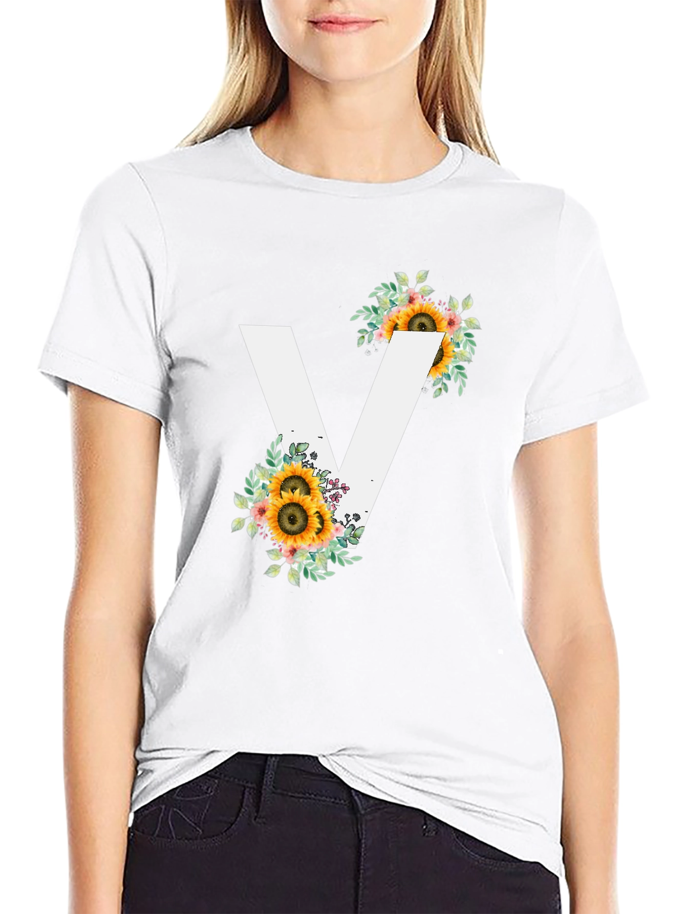 Sunflower Initial V Black T-Shirt