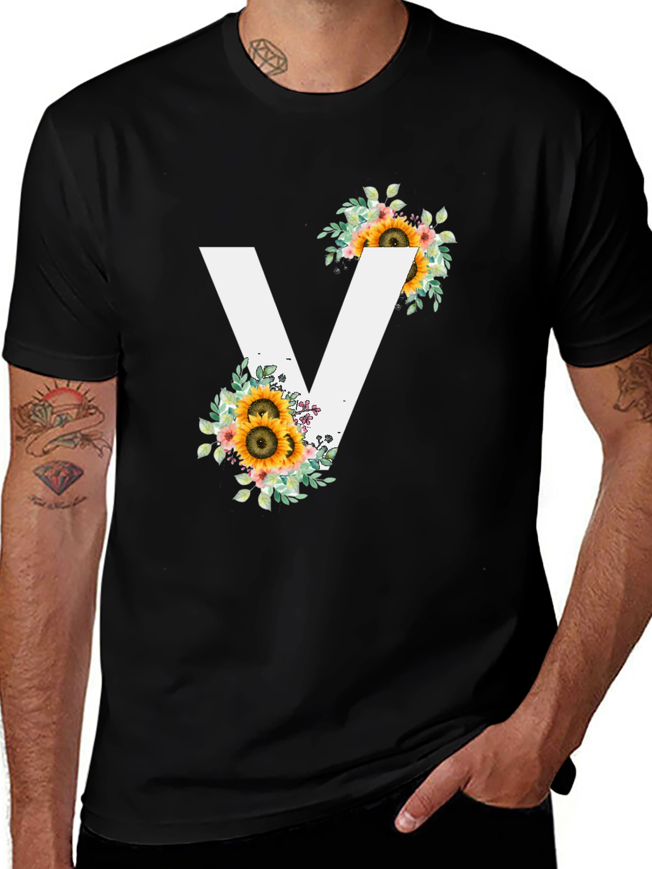 Sunflower Initial V Black T-Shirt