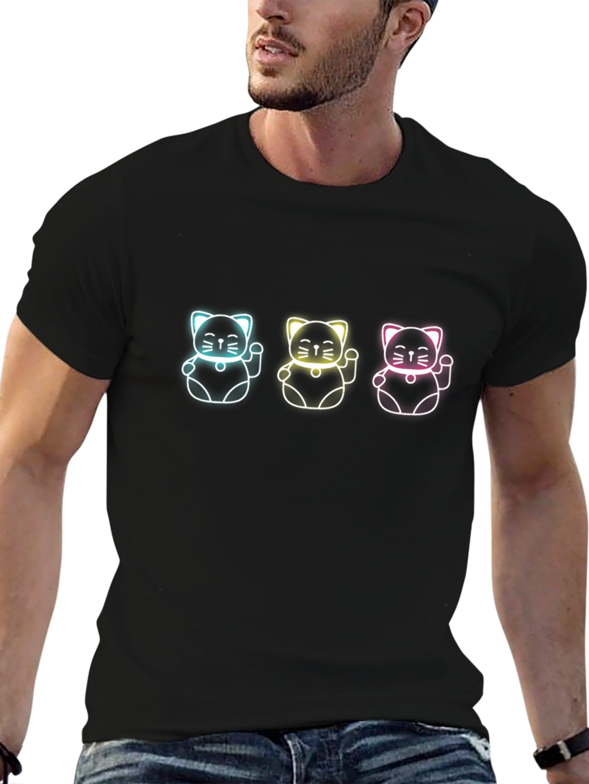 Neon Lucky Cat T-Shirt - Black