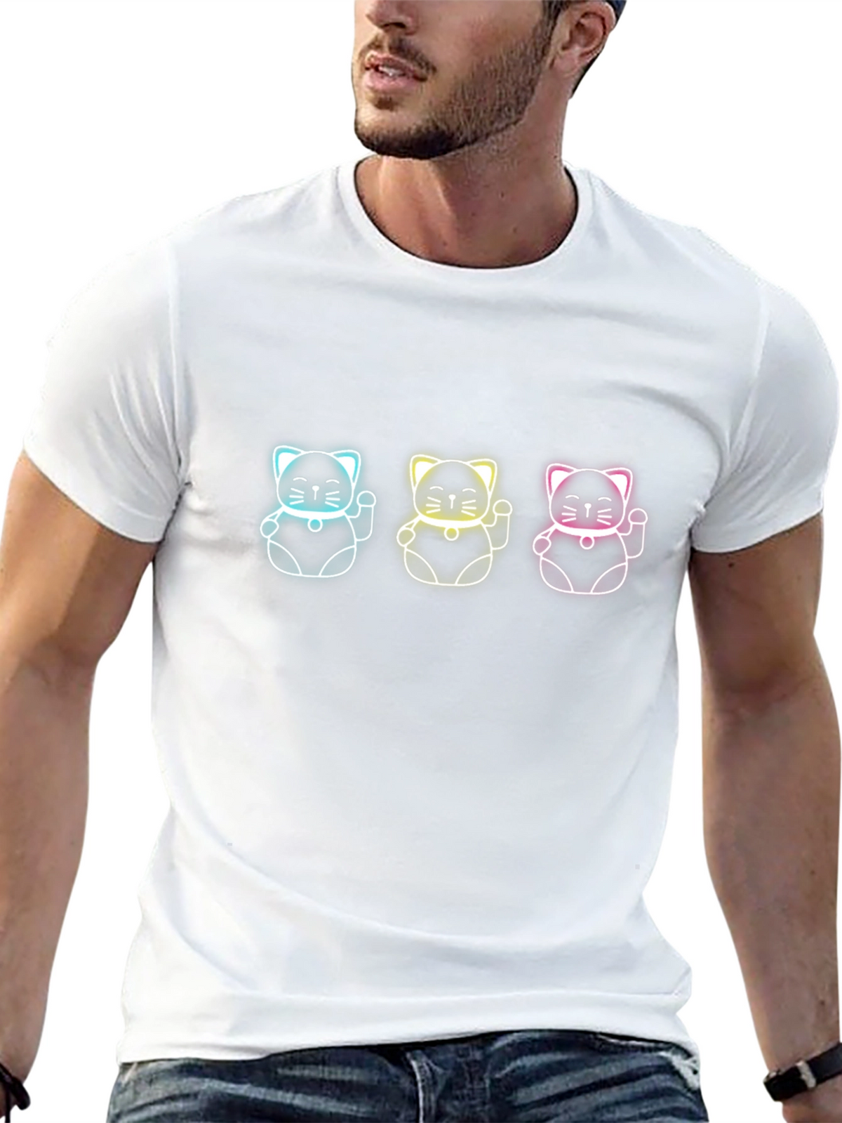 Neon Lucky Cat T-Shirt - Black