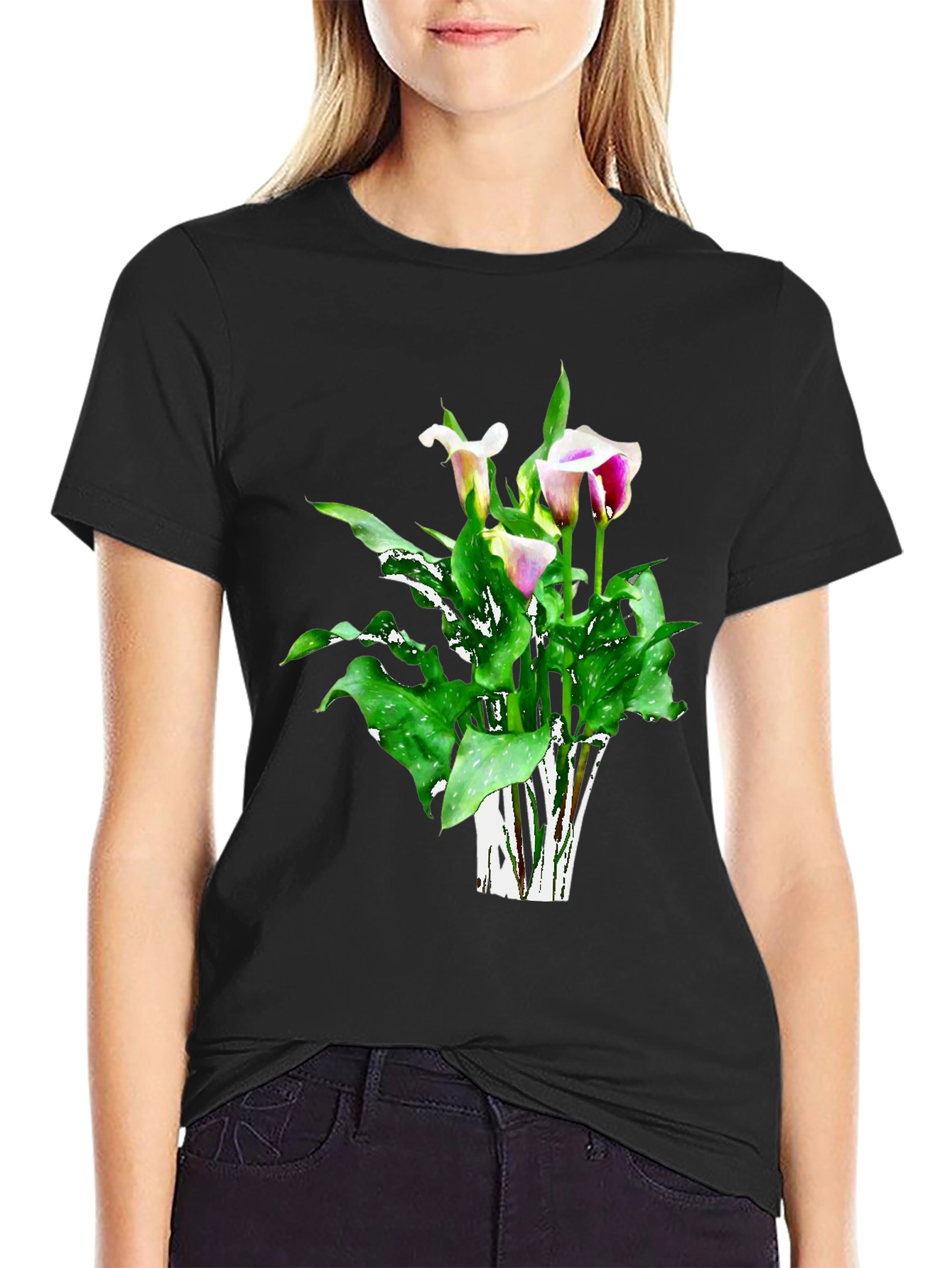 Calla Lily Flower Graphic Black T-Shirt
