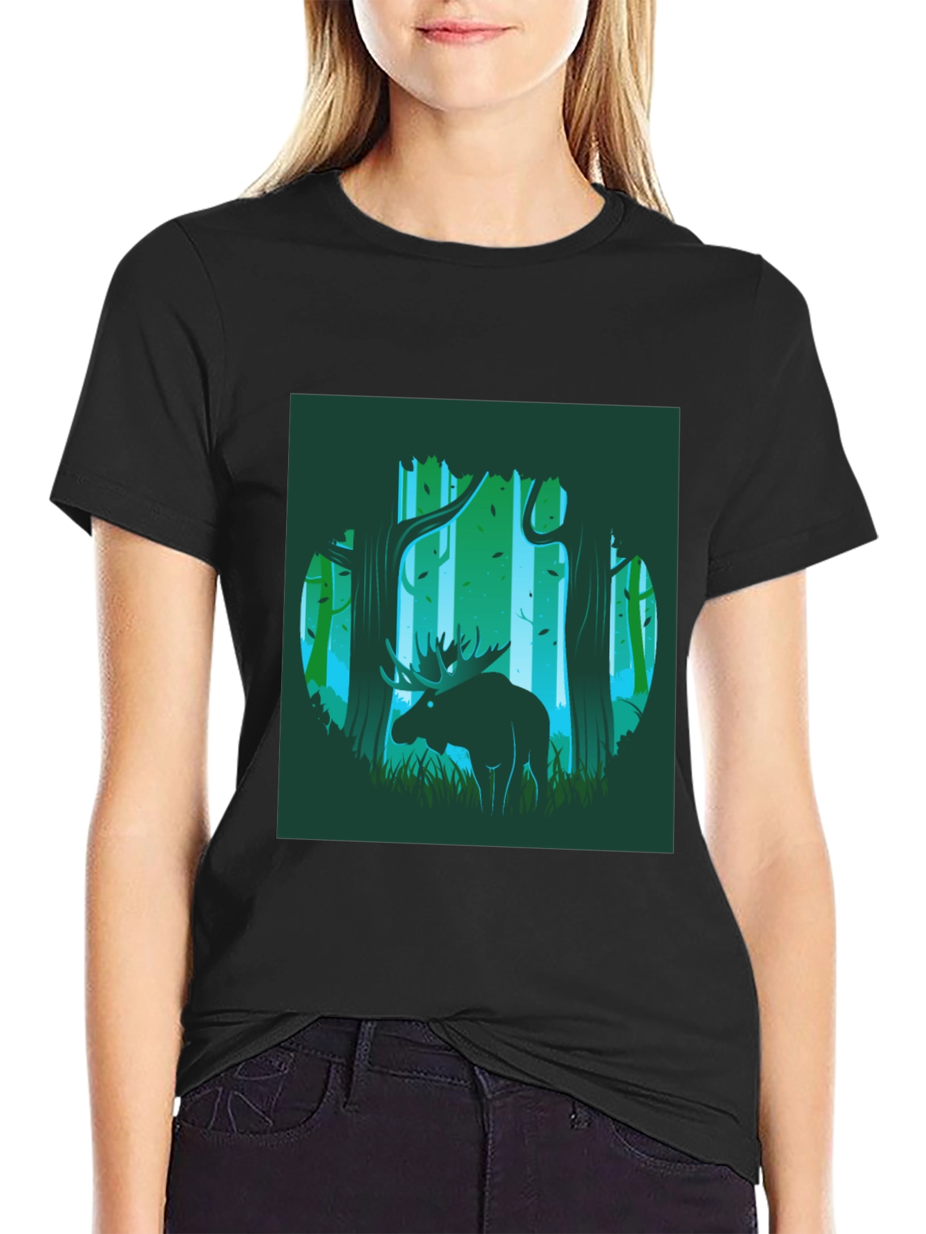 Moose in Forest Graphic Print T-Shirt