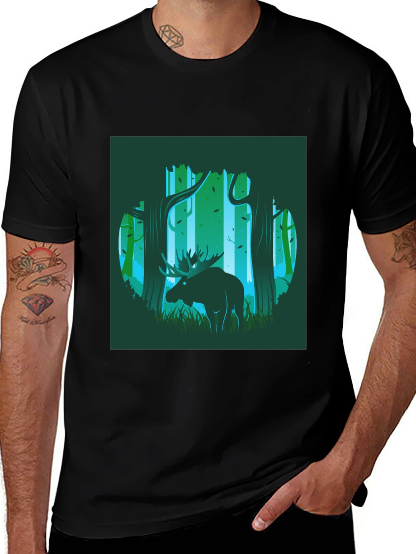 Moose in Forest Graphic Print T-Shirt