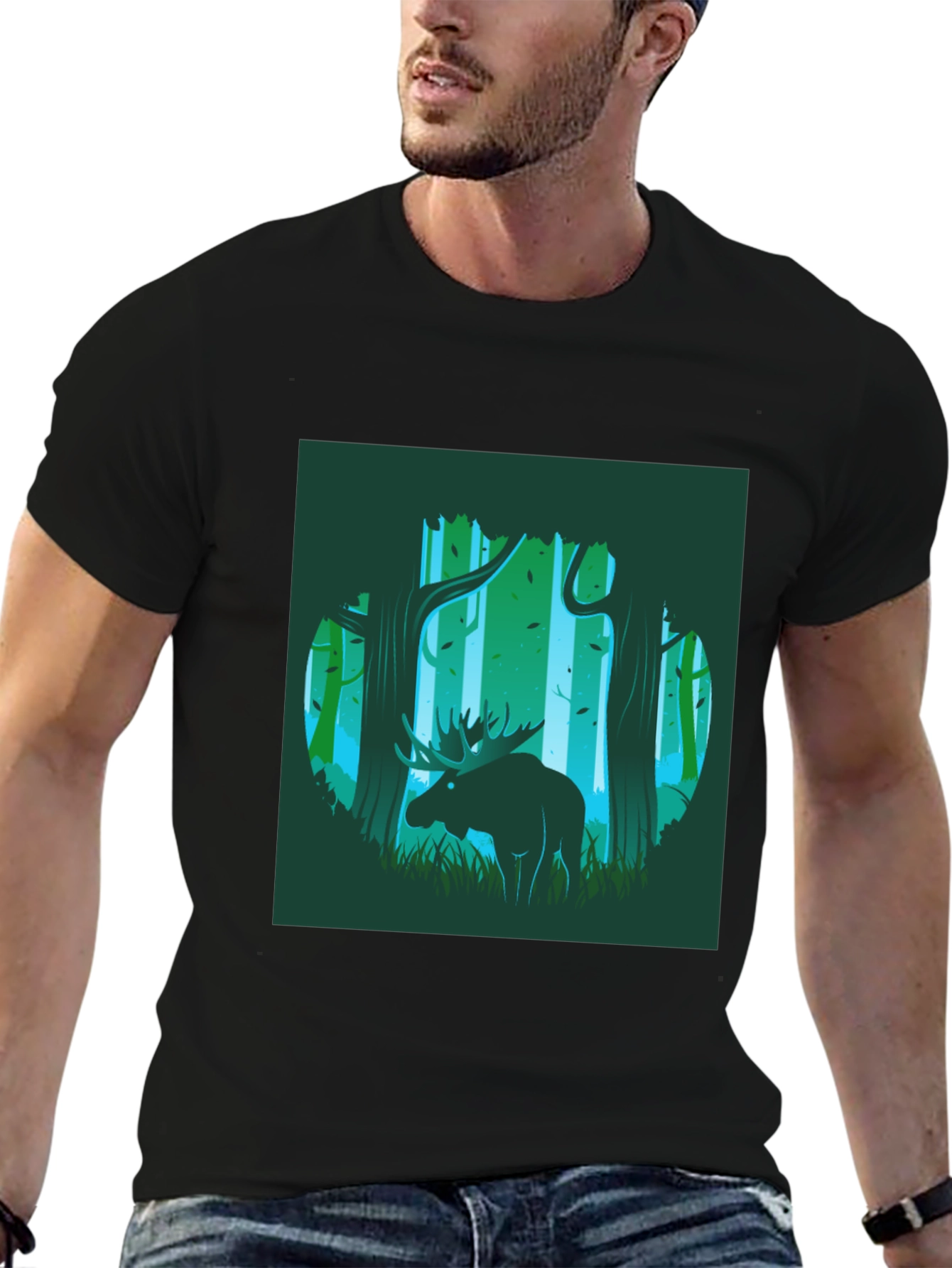 Moose in Forest Graphic Print T-Shirt