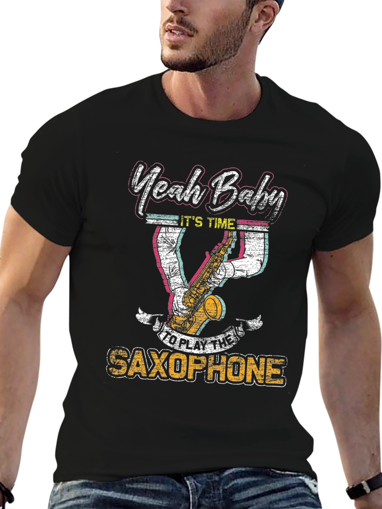 Yeah Baby Saxophone Graphic T-Shirt - Black