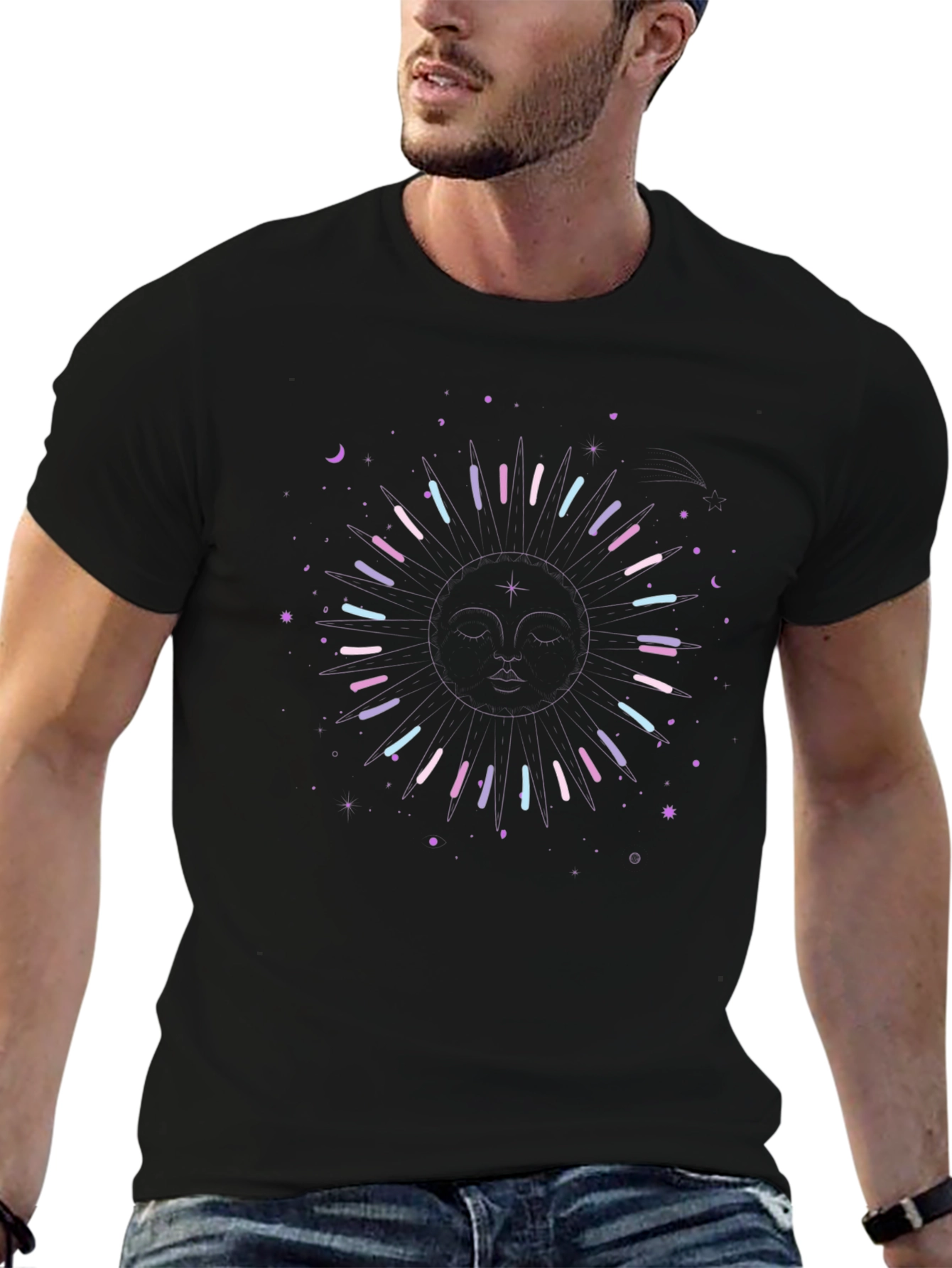Celestial Sun Graphic Tee - Black Cotton Shirt
