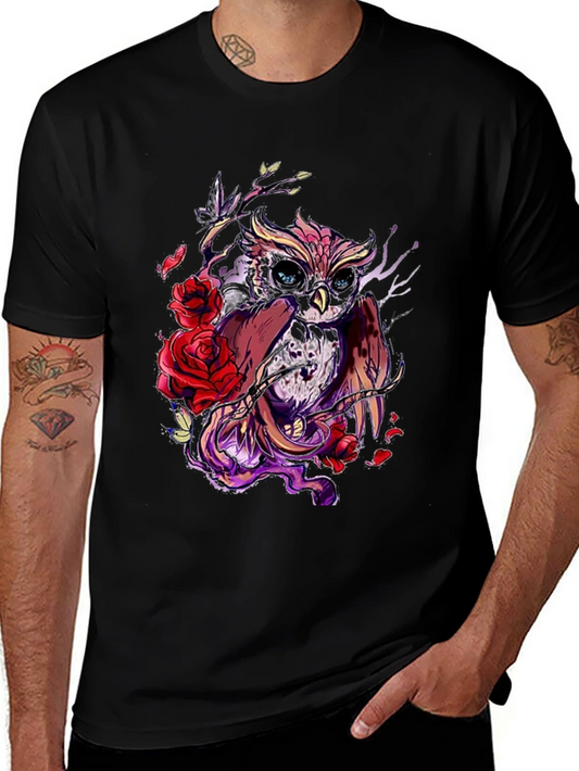 Owl & Roses Graphic Tee - Dark Cotton Casual Top
