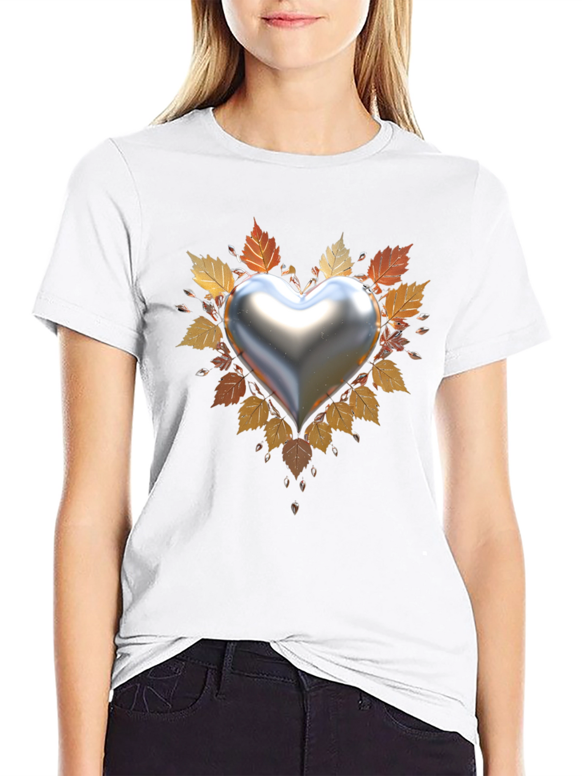 Heart & Autumn Leaves Graphic T-Shirt