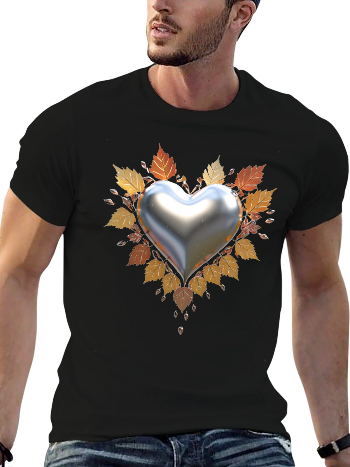 Heart & Autumn Leaves Graphic T-Shirt