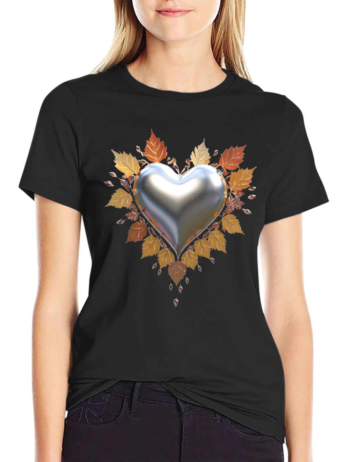 Heart & Autumn Leaves Graphic T-Shirt