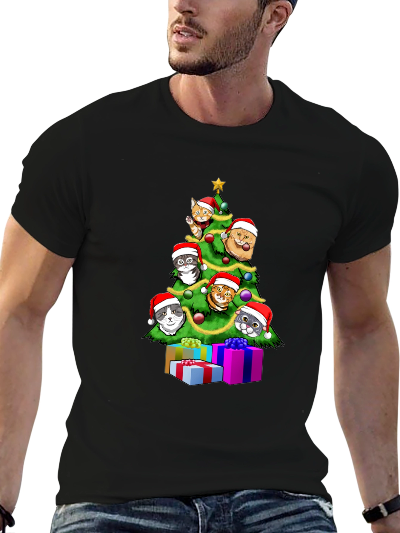 Festive Cat Christmas Tree Graphic Tee