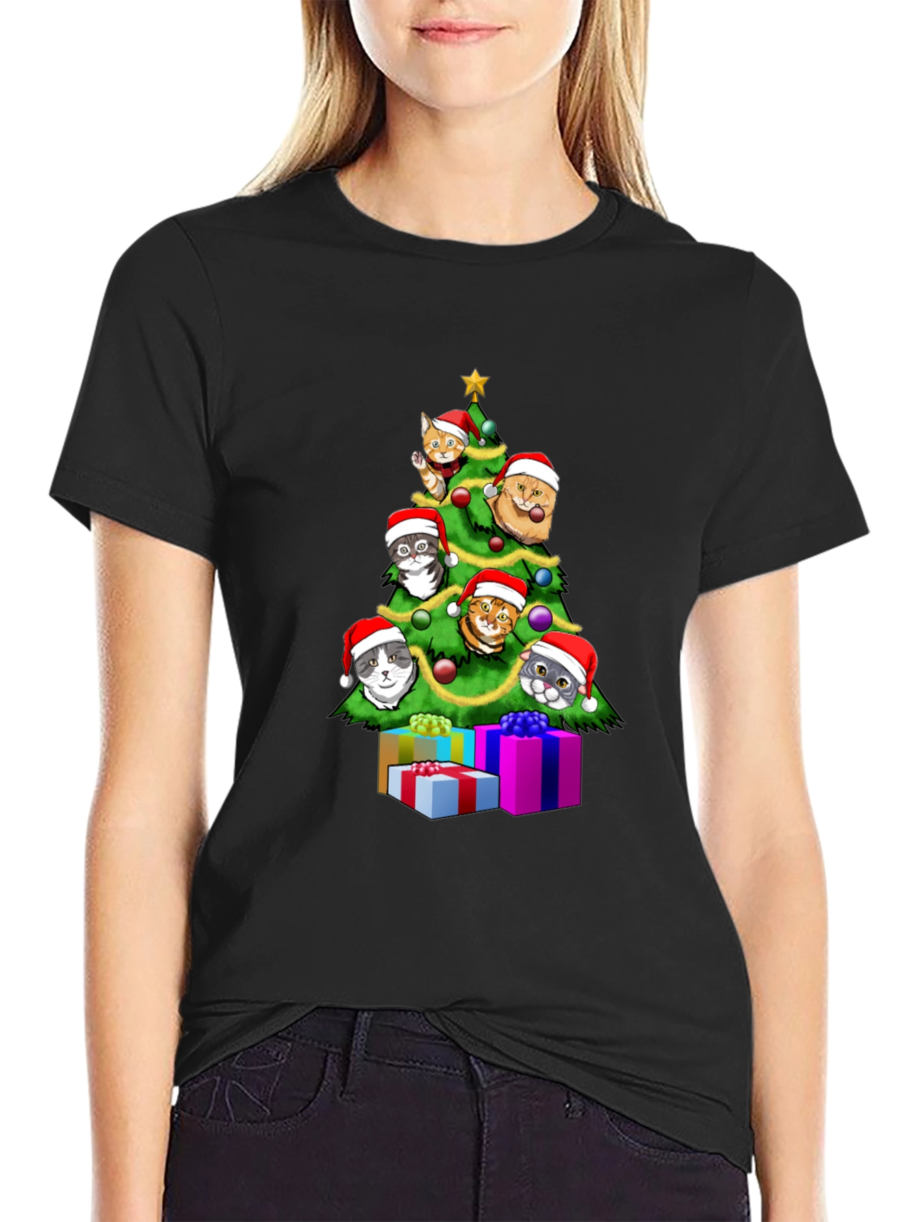 Festive Cat Christmas Tree Graphic Tee