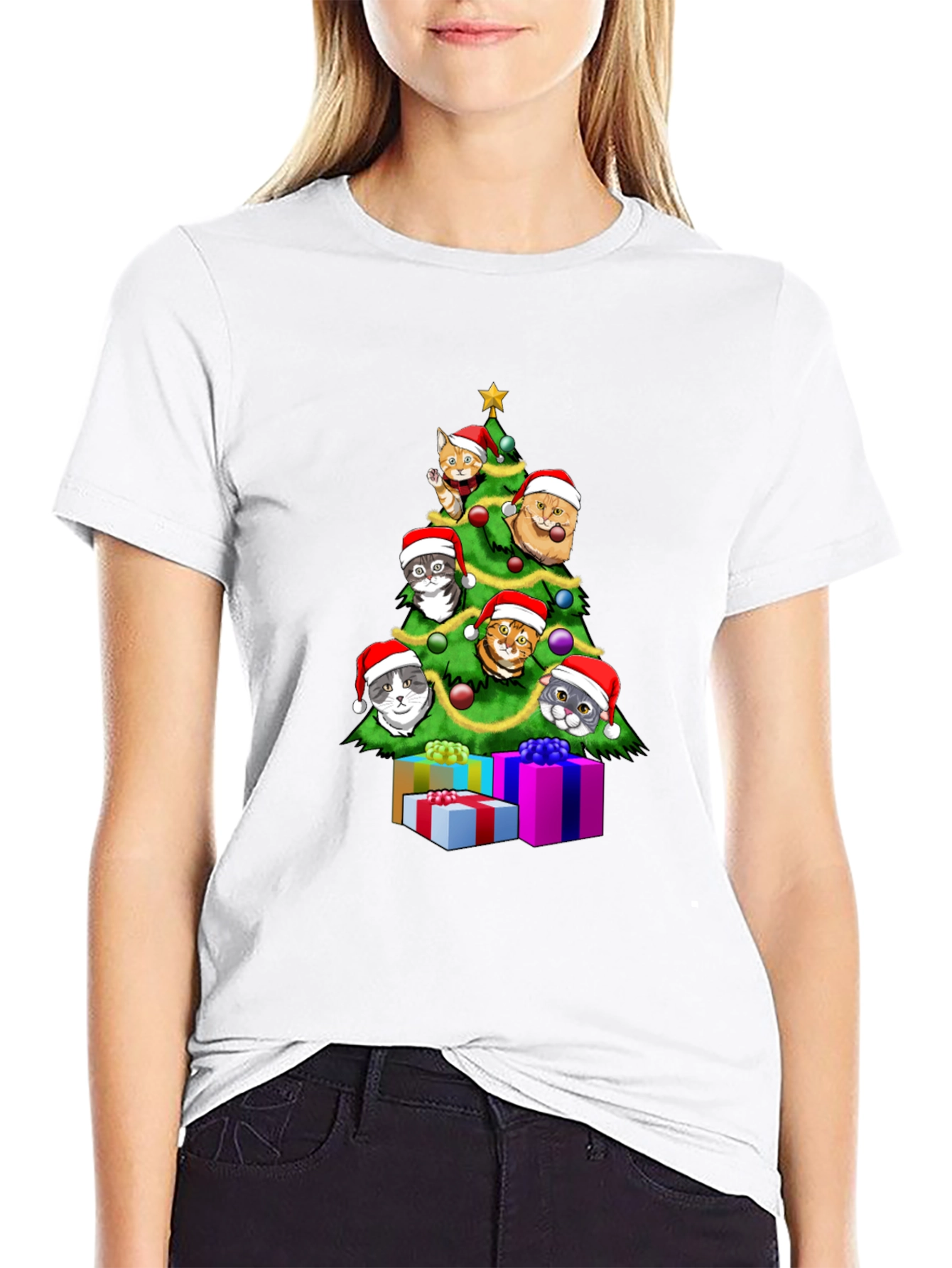 Festive Cat Christmas Tree Graphic Tee