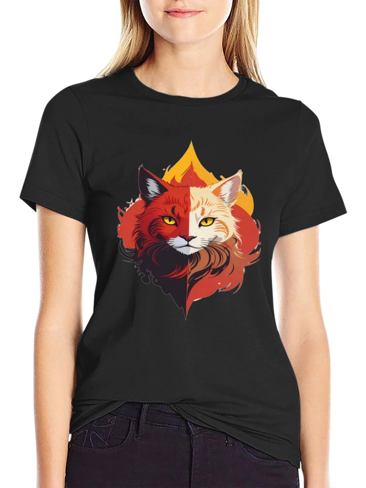 Fiery Feline T-Shirt - Unique Cat Design