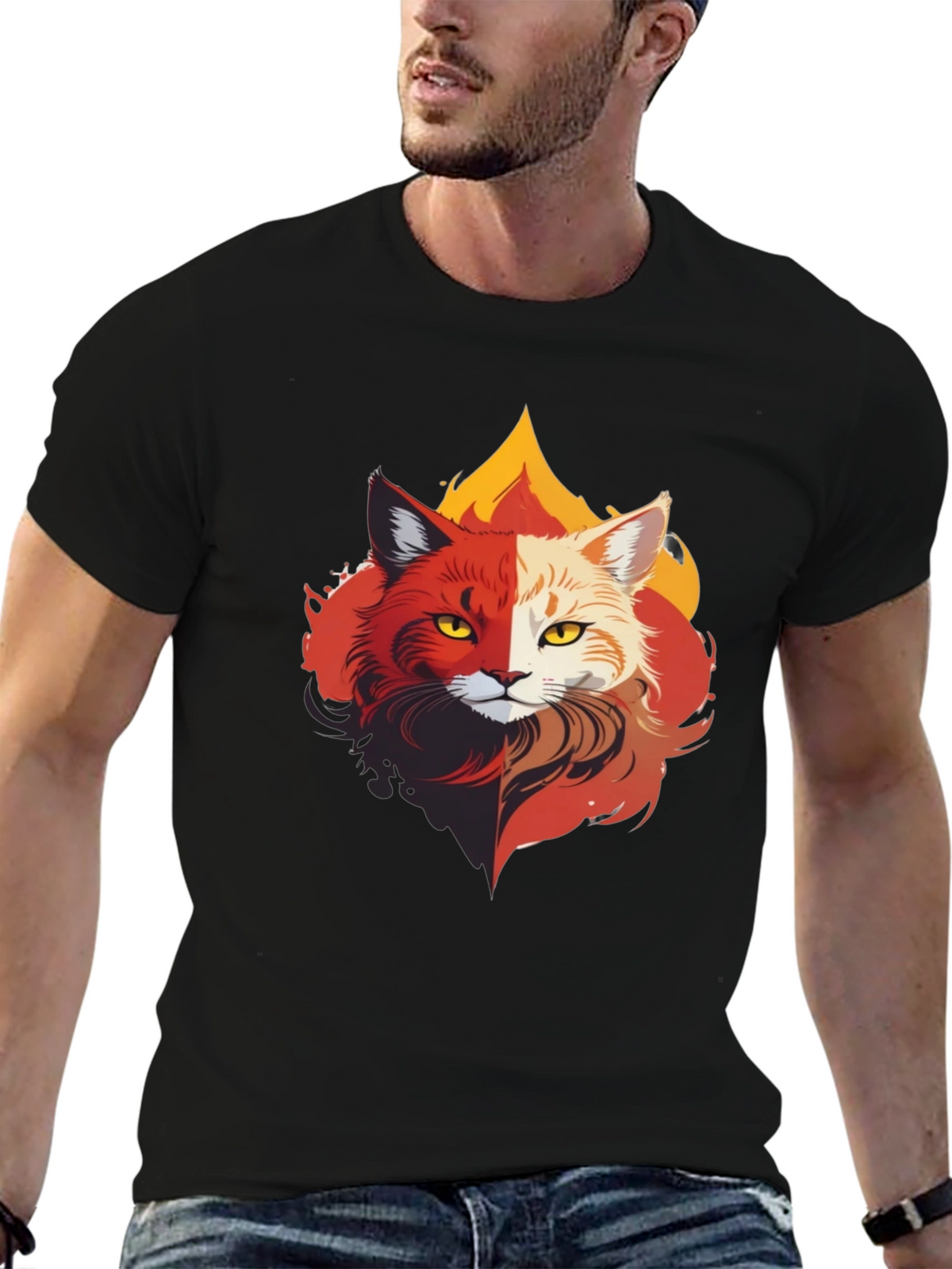 Fiery Feline T-Shirt - Unique Cat Design