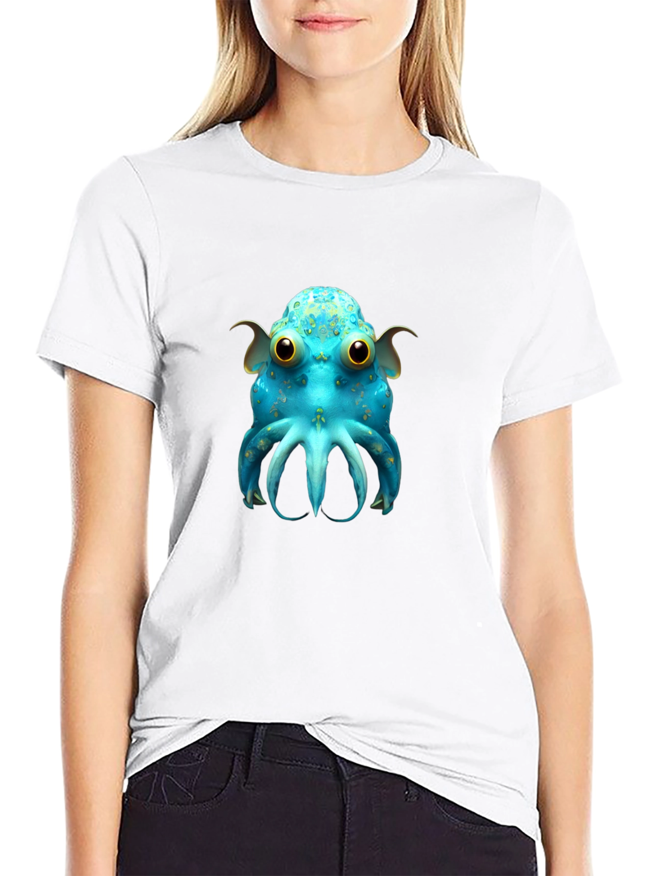 Cute Blue Octopus Graphic T-Shirt - Black