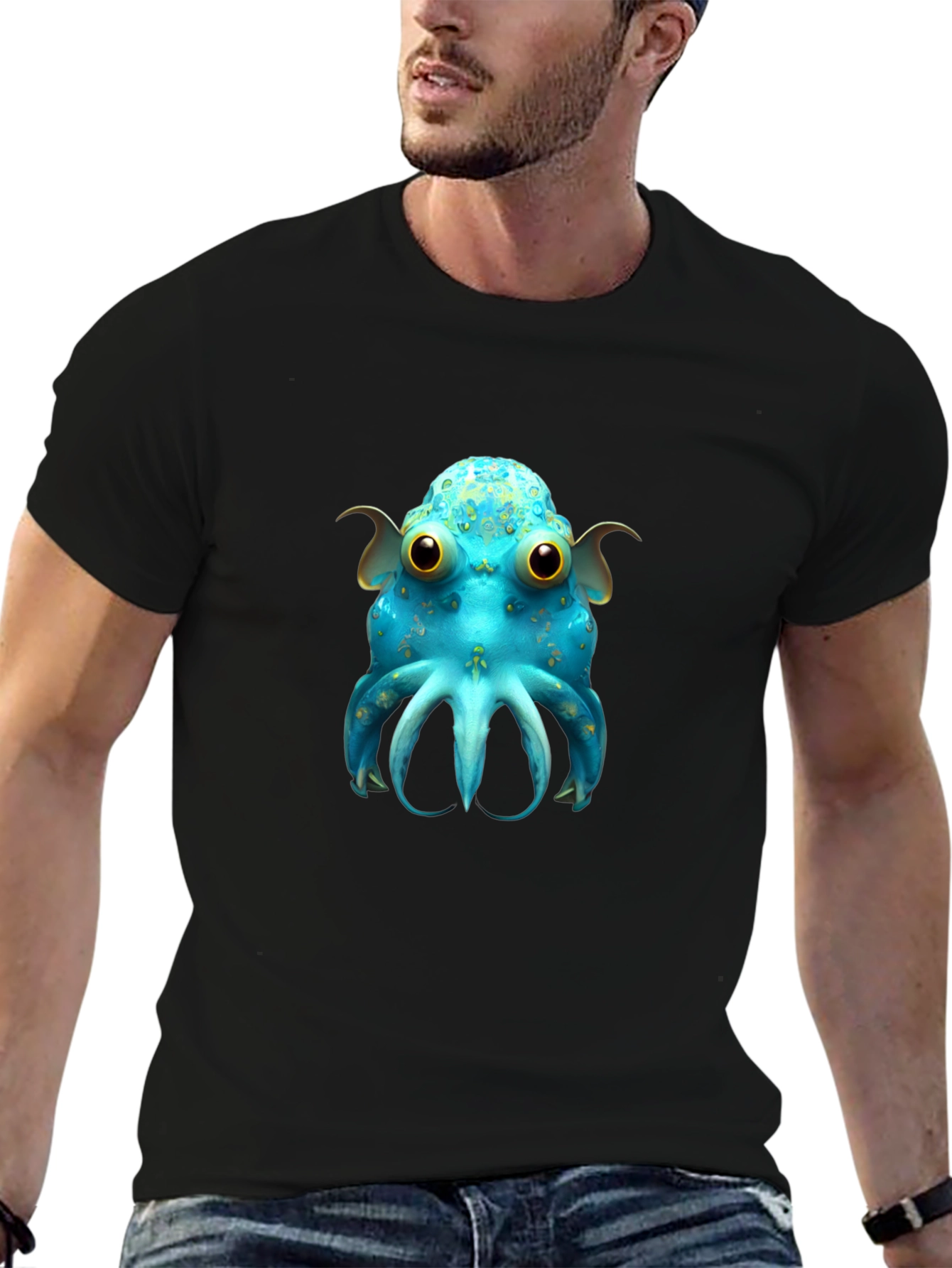 Cute Blue Octopus Graphic T-Shirt - Black
