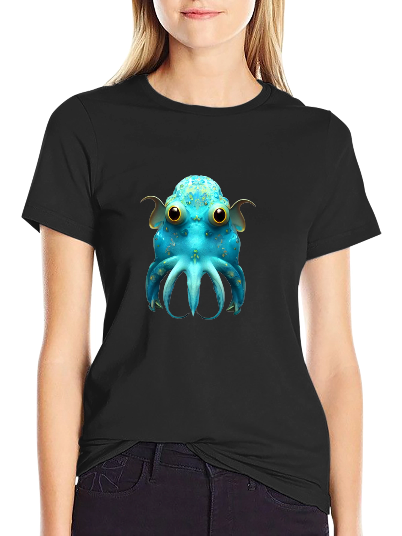 Cute Blue Octopus Graphic T-Shirt - Black