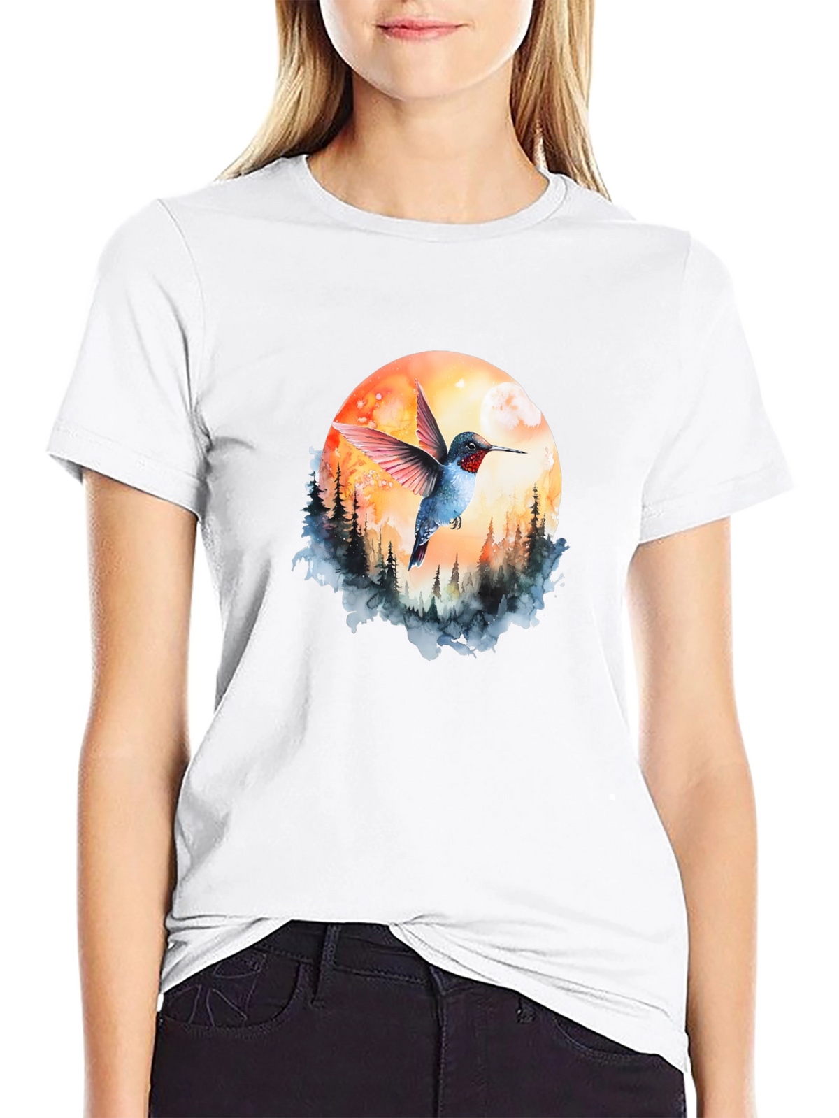 Hummingbird & Moon Graphic Tee - Nature Design