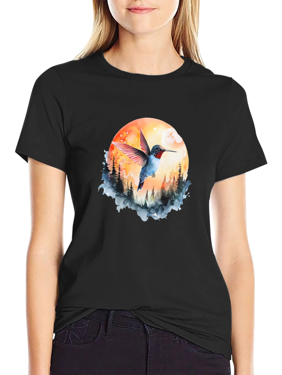 Hummingbird & Moon Graphic Tee - Nature Design