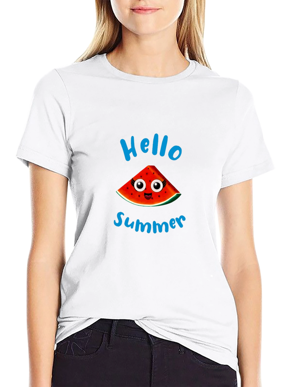 Hello Summer Watermelon Graphic Black T-Shirt