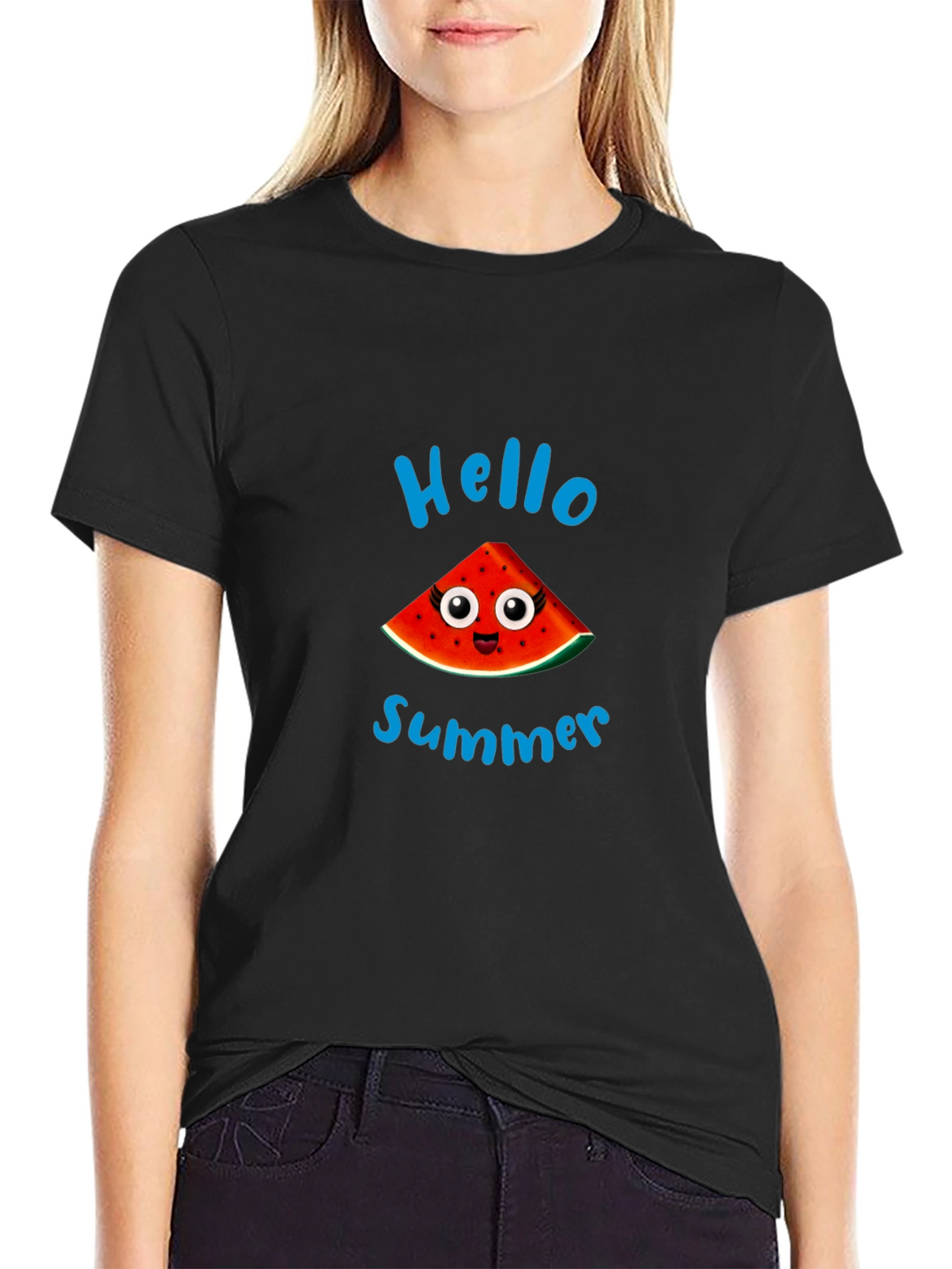 Hello Summer Watermelon Graphic Black T-Shirt