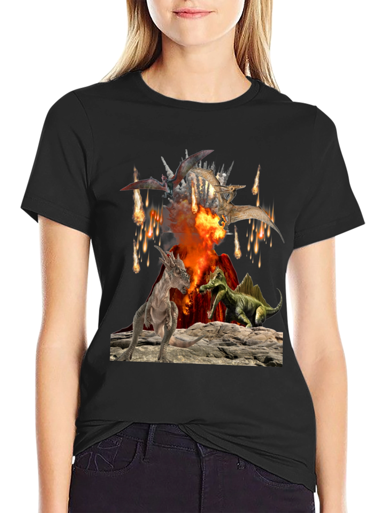 Dinosaur Volcano Mens Graphic T-Shirt