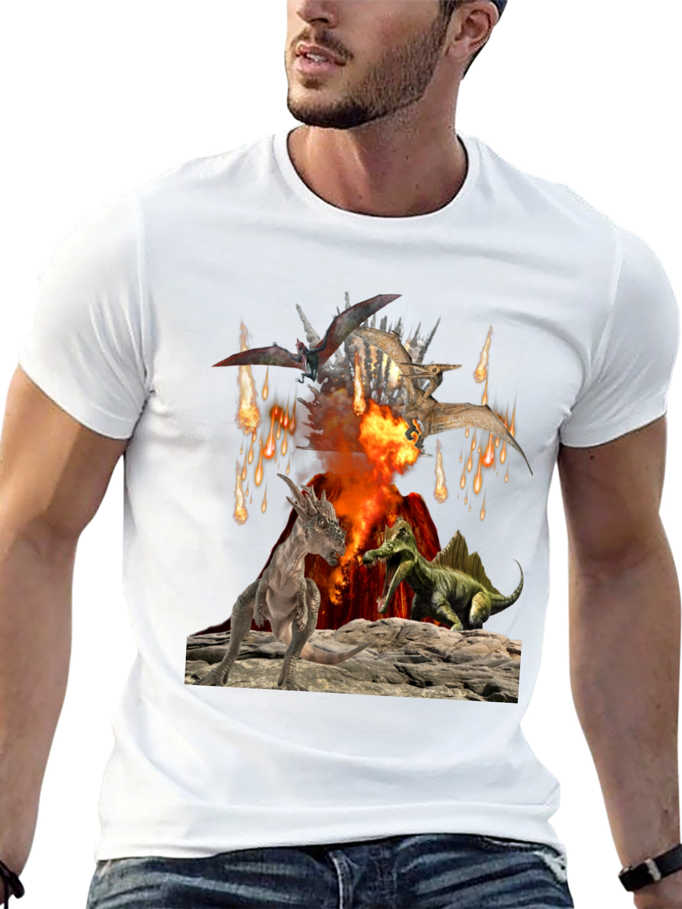 Dinosaur Volcano Mens Graphic T-Shirt