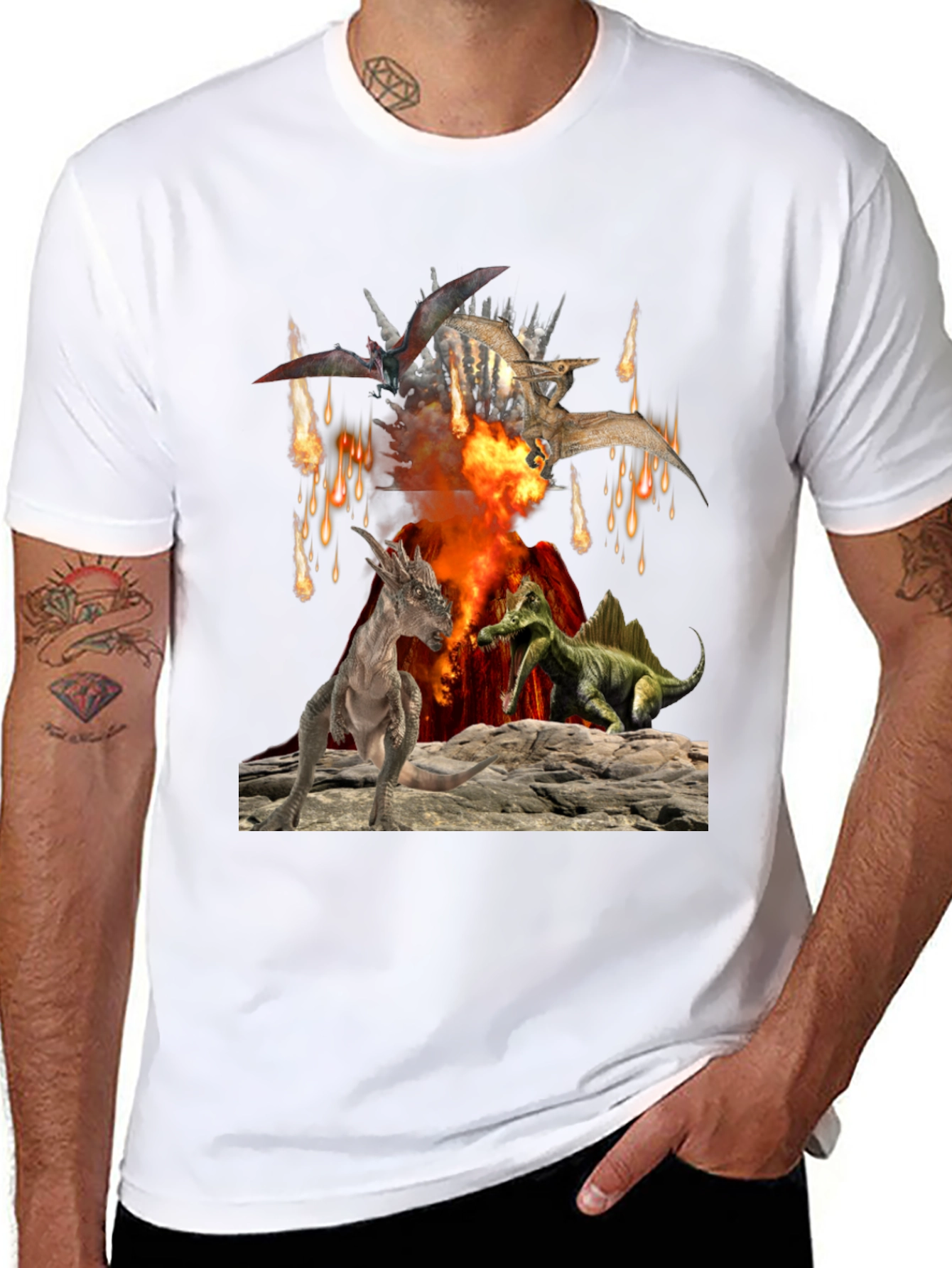 Dinosaur Volcano Mens Graphic T-Shirt