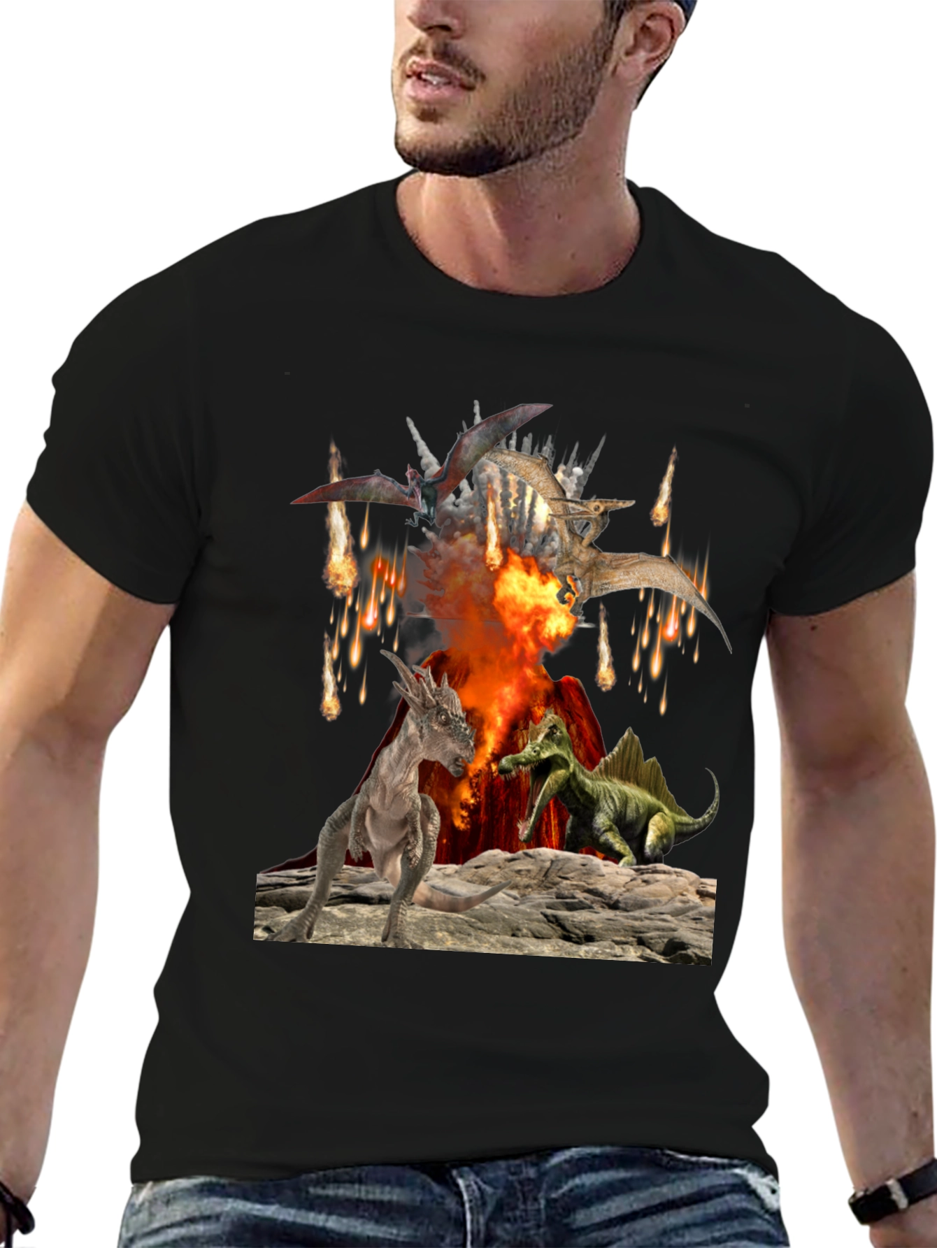Dinosaur Volcano Mens Graphic T-Shirt